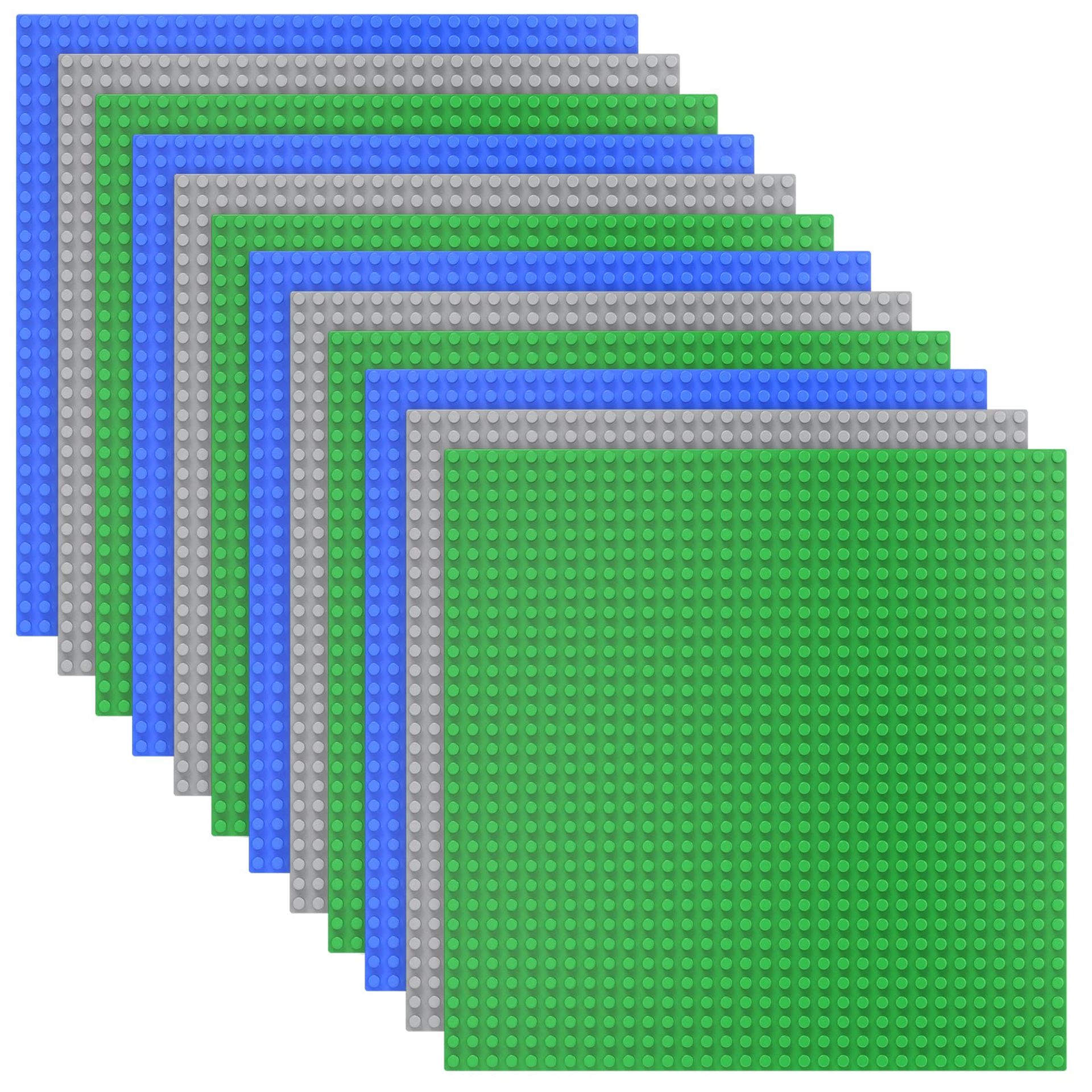 Building Baseplates Set 12 Pack Compatible with Major Brands 10x10 inch - Green Blue Grey Classic