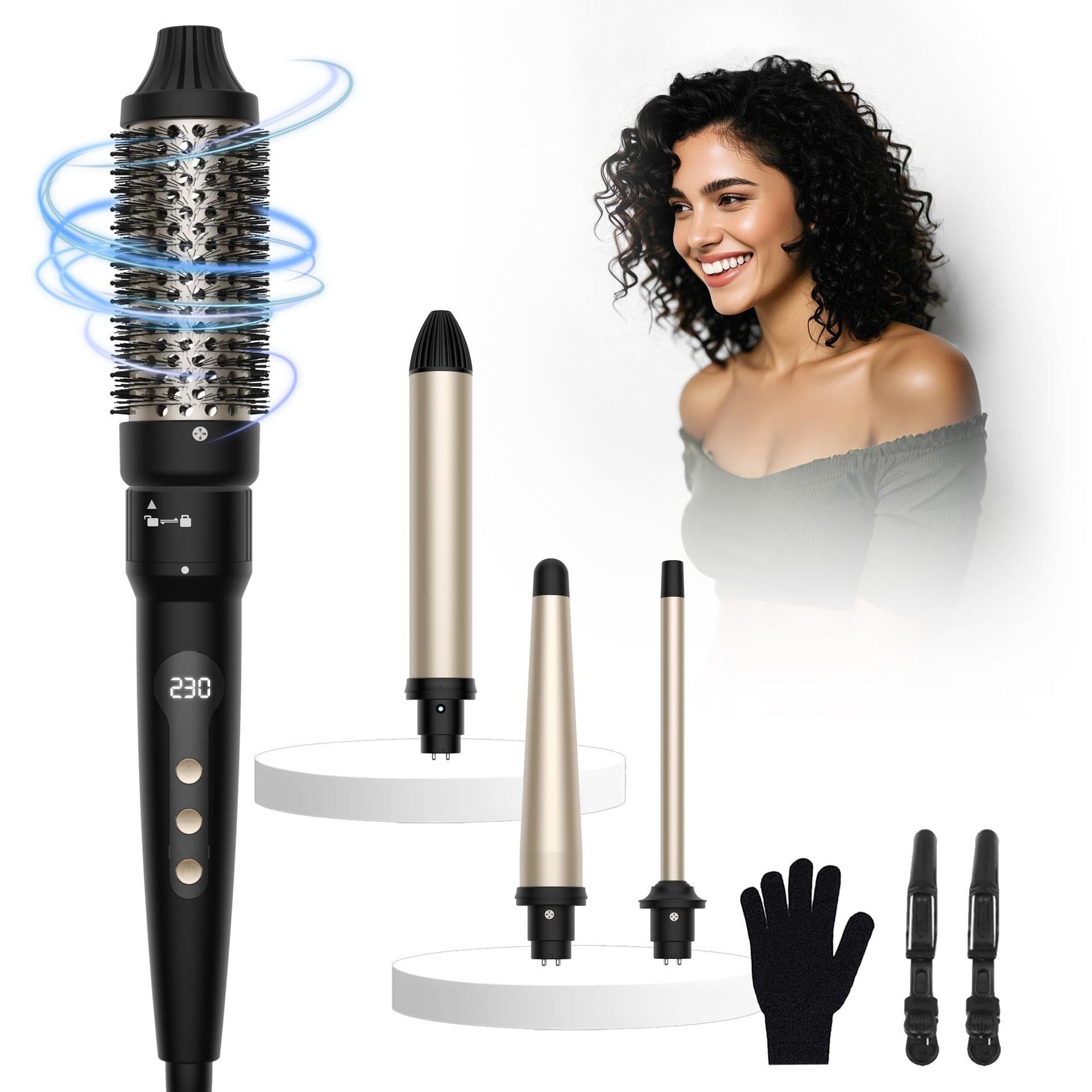 4 in 1 Hot Hair Brush Set with 4 Interchangeable Curling Barrels LCD Display 210–450℉ - Black Gold 9/13-25/32/38mm - Valentines - Valentines