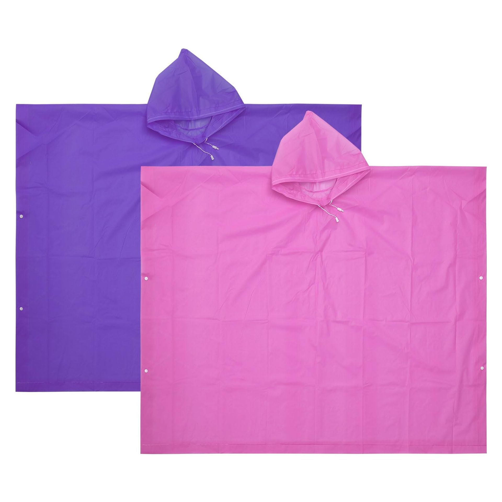 Reusable Waterproof Rain Ponchos for Adults, 2 Pack EVA Hooded Raincoats with Elastic Cuffs for Hiking, Camping & Outdoor Use - Pink & Purple