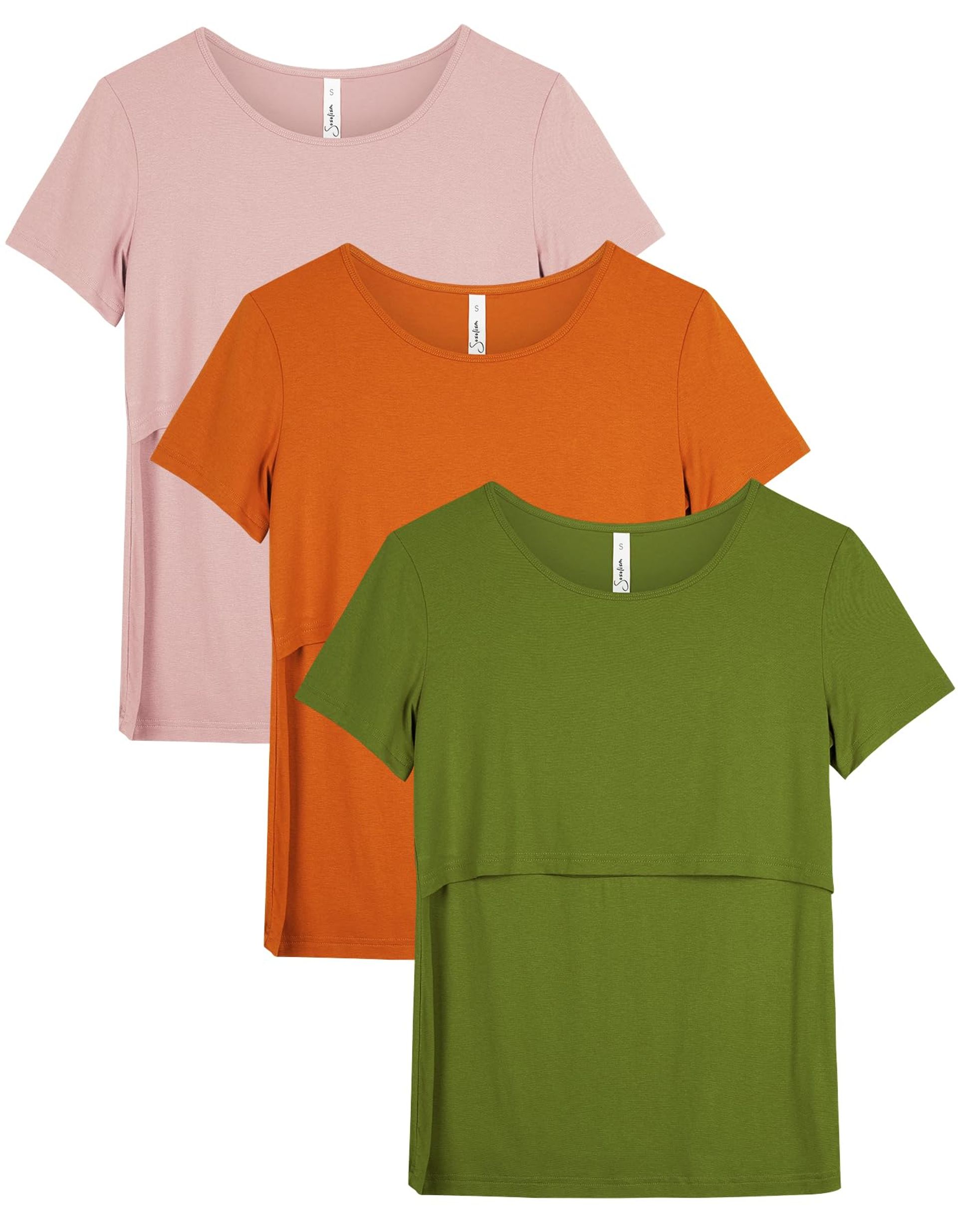 3 Pack Nursing Tops for Breastfeeding Women - Short Sleeve Maternity & Postpartum T-Shirts in Pink, Orange & Olive Green (Small)