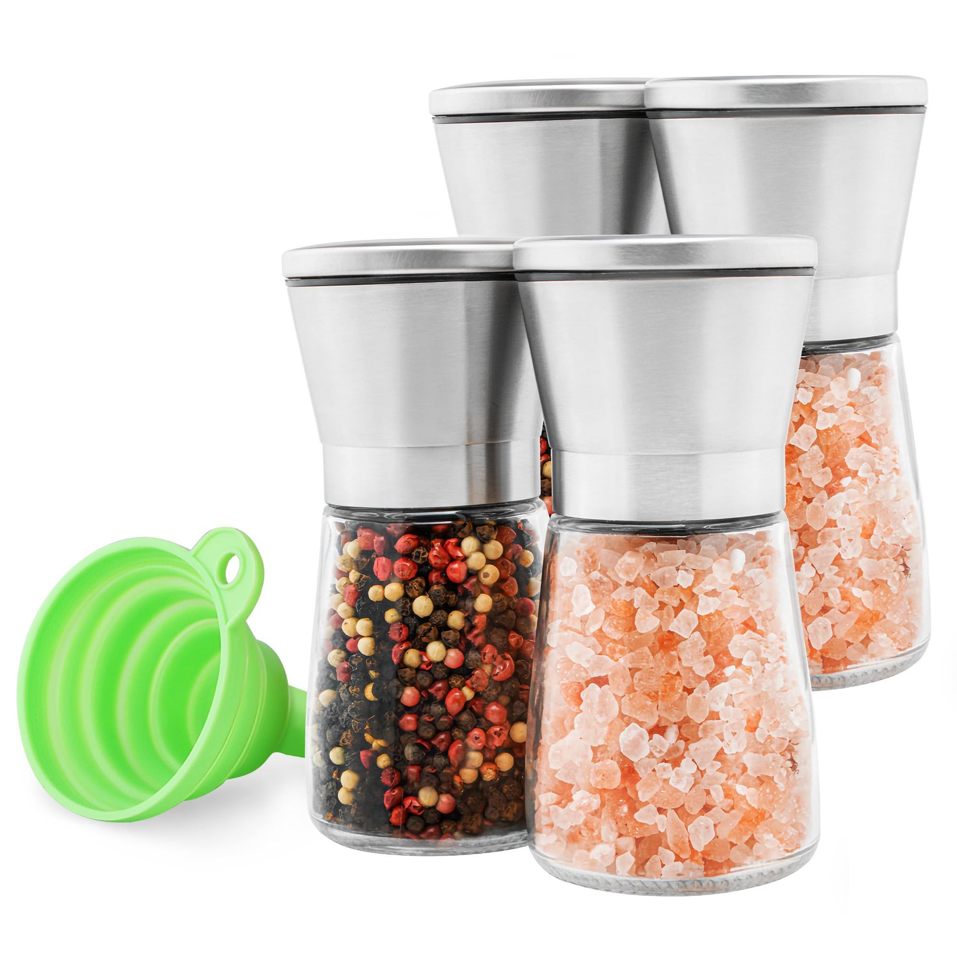 Premium Salt & Pepper Grinder Set of 4 - Adjustable Stainless Steel & Glass Mills