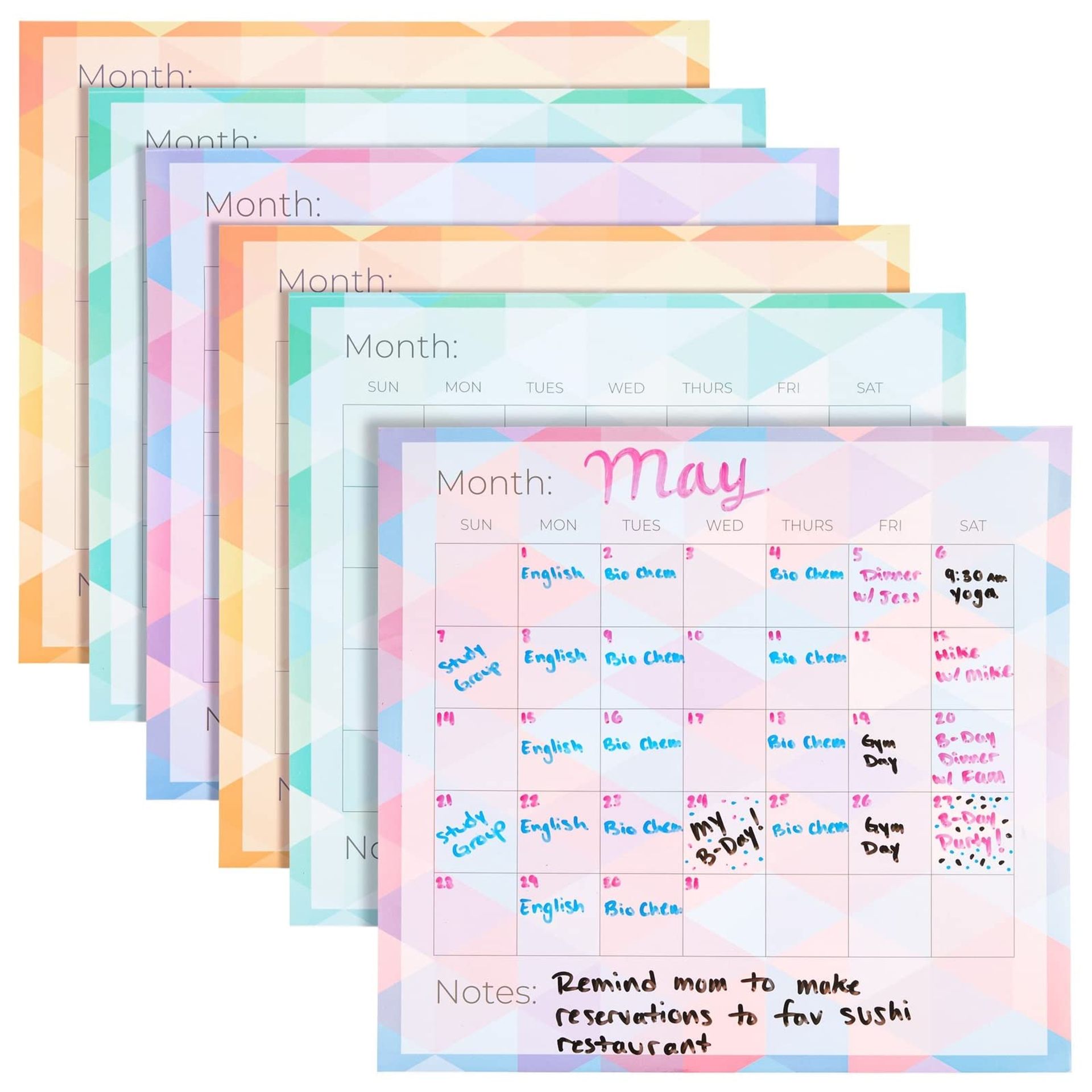 6 Pack Geometric Undated Peel & Stick Dry Erase Calendars, Reusable Wall Planners, 3 Colours, 34.9x32.5cm