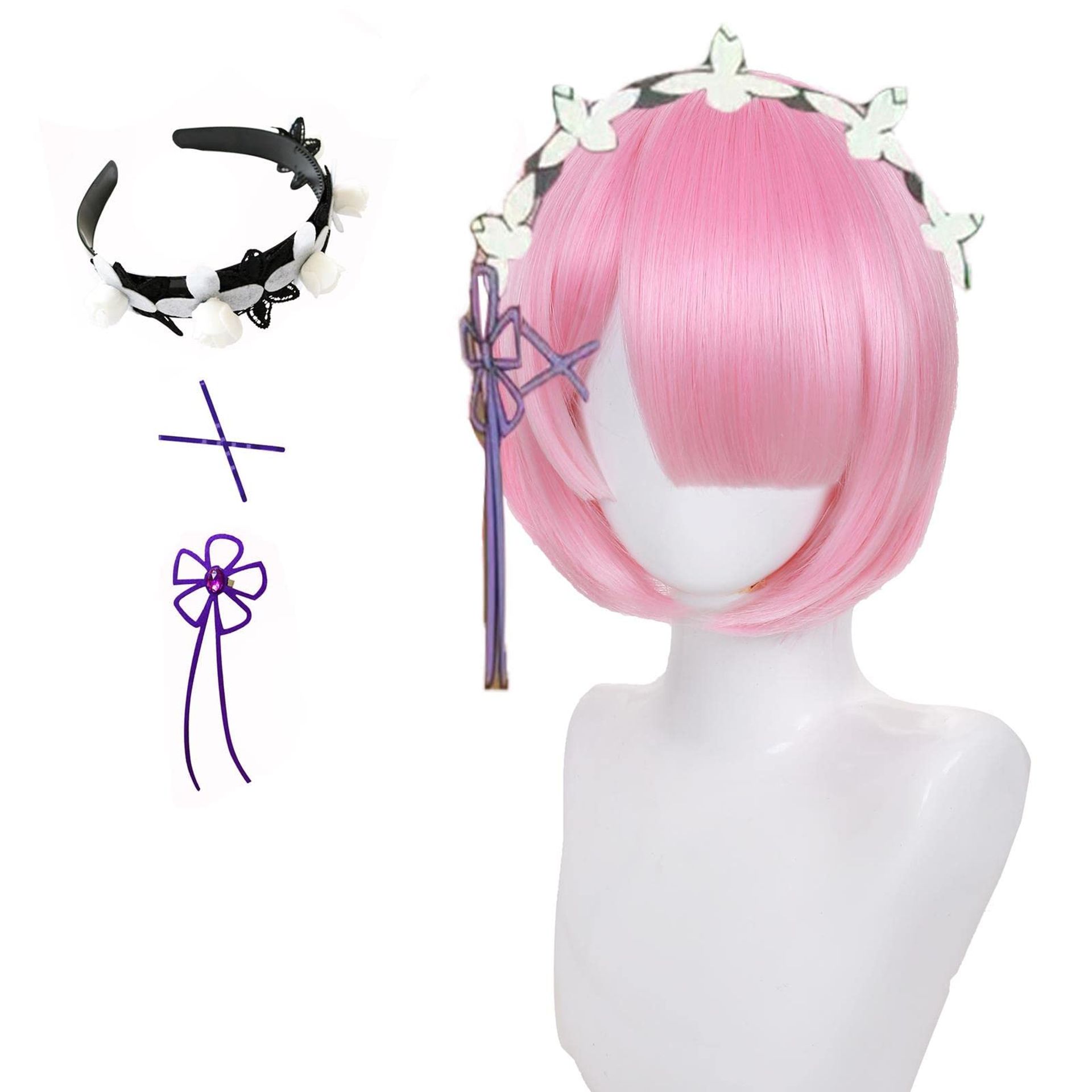Anime Ram Cosplay Wig Short Pink Bob with Flower Bow and Headband - Ram Style - Valentines