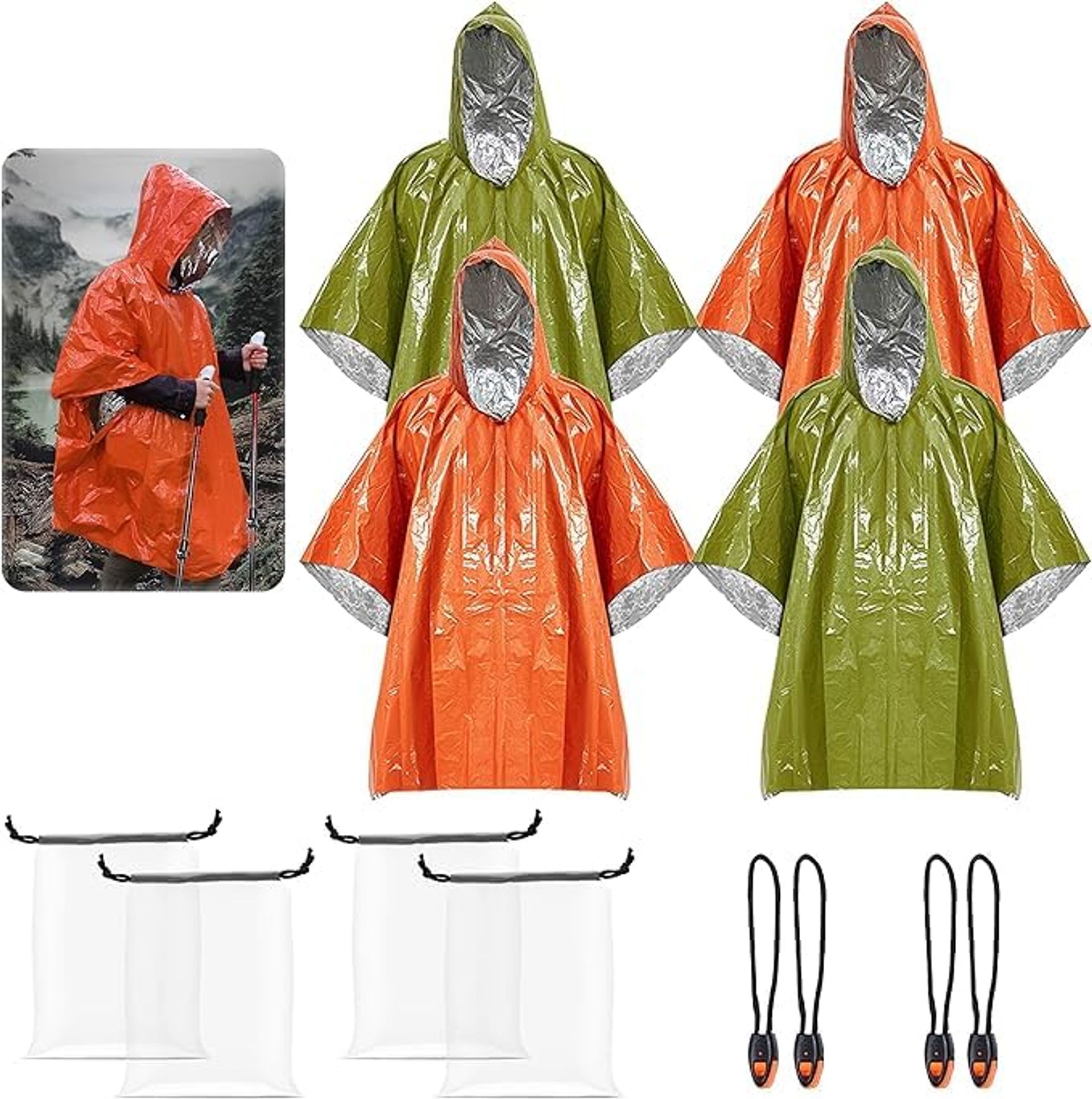 Emergency Rain Ponchos with Hood & Survival Whistles 4-Pack Weather Resistant Outdoor Kit - Green & Orange Unisex