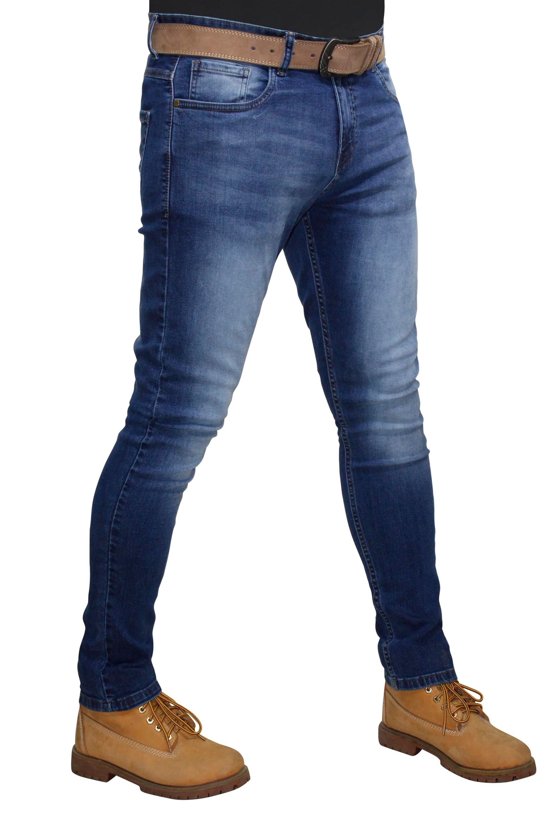 Men's Slim Fit Stretch Jeans Distressed Straight Leg Comfort Denim Trousers - Blue 34W/32L