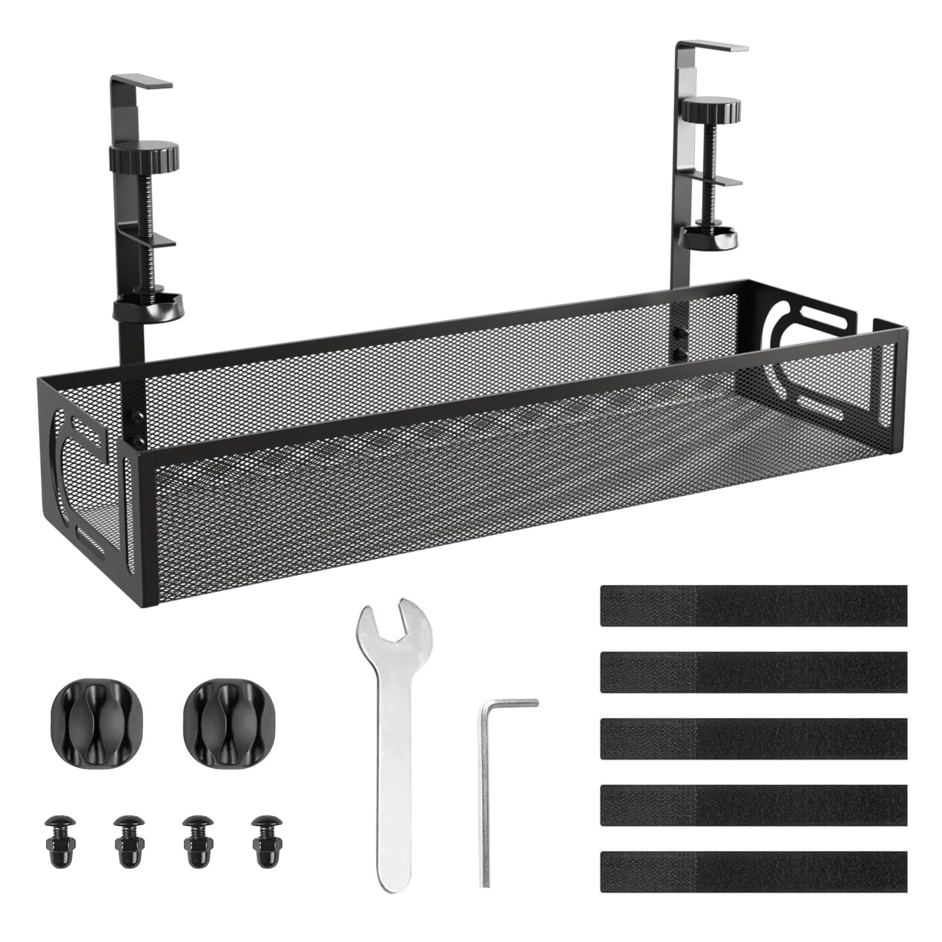 Under Desk Cable Management Tray, No-Drill Steel Organiser for Home Office, Sturdy Metal Mesh Design