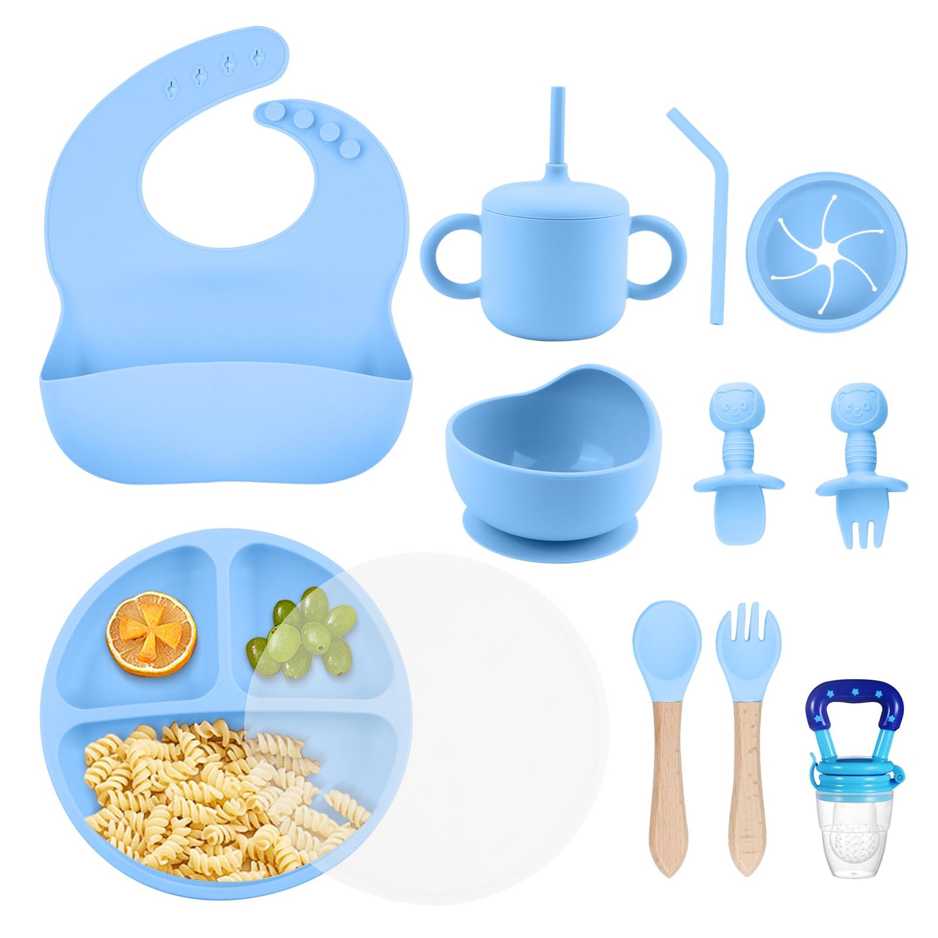 Baby Weaning Set Silicone Feeding Essentials with Suction Bowl, Plate, Bib & Spoons - Blue