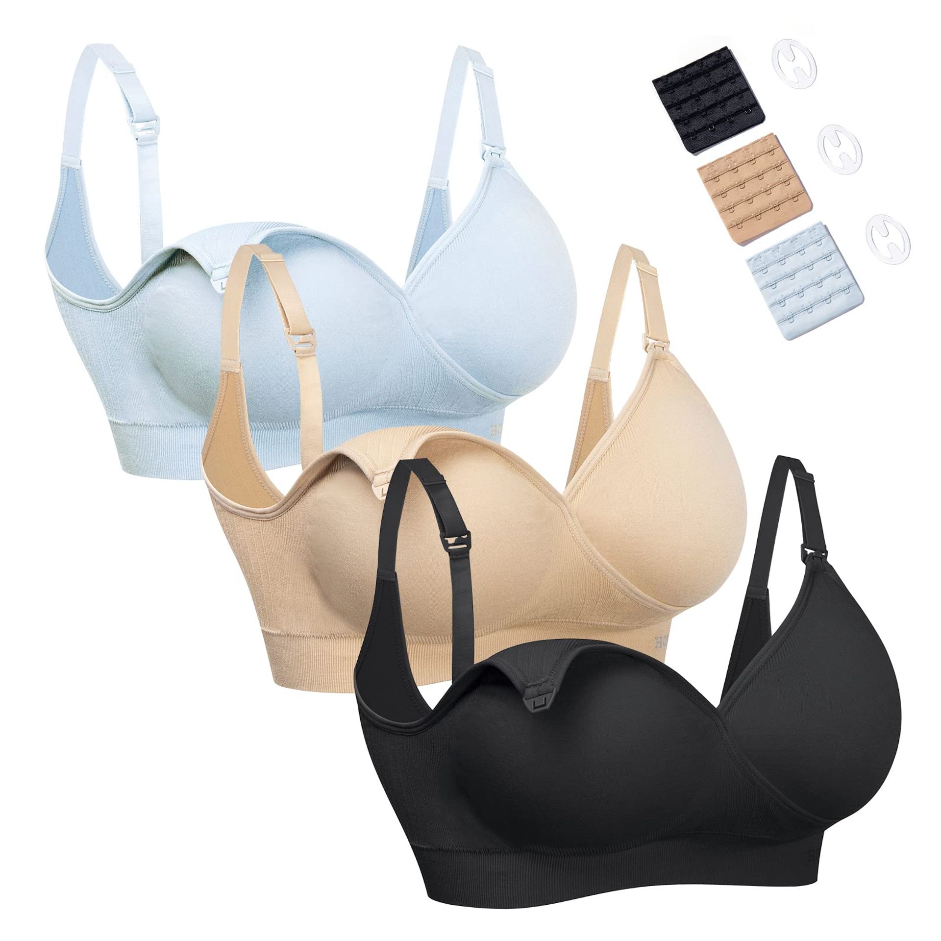 Women's Seamless Maternity Nursing Bras 3 Pack Soft Wireless Comfort Sleep Bralette - Beige/Black/Blue Small