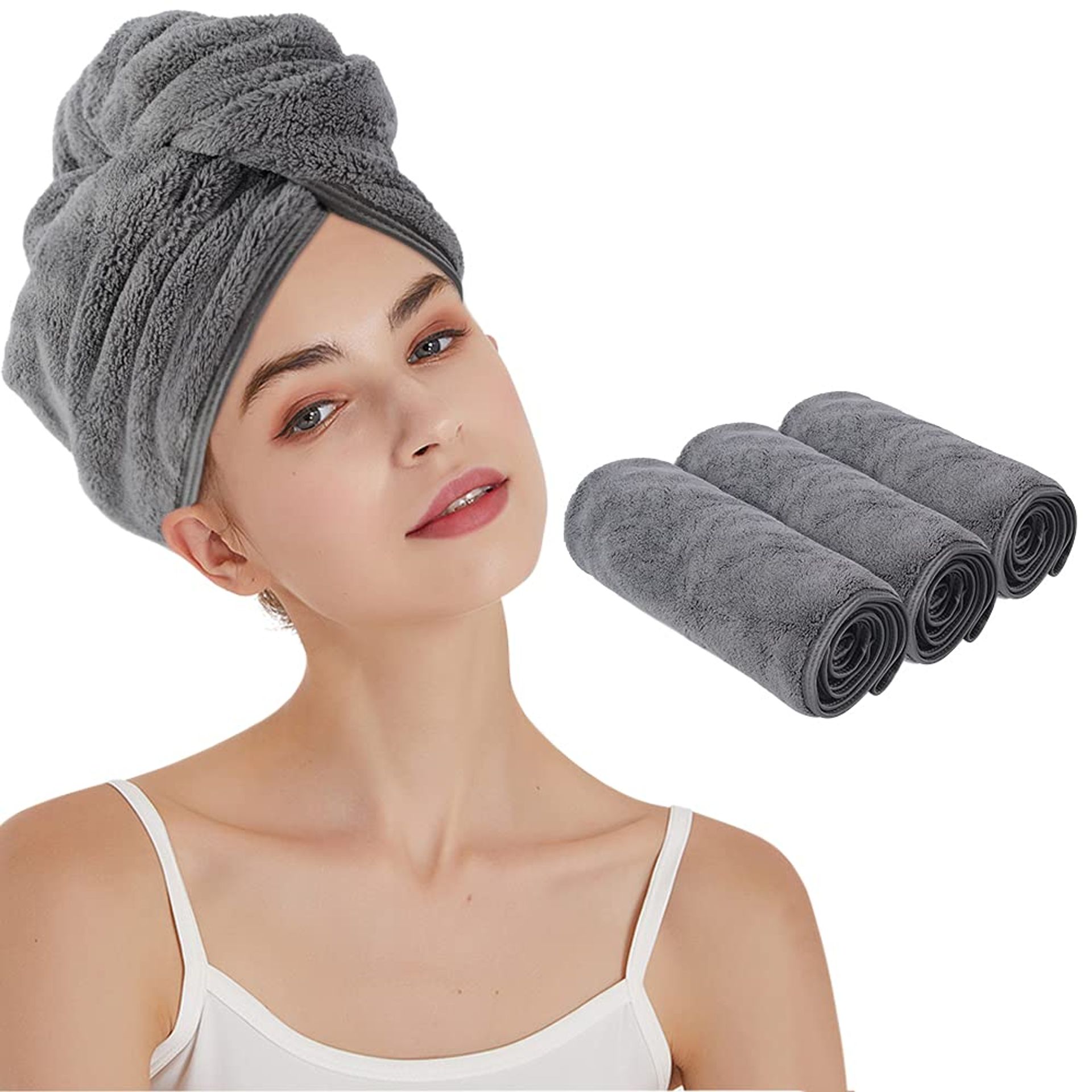 Microfibre Hair Towel Wrap 350gsm Bamboo Anti-Frizz Quick Dry Turban with Button Grey 3 Pack