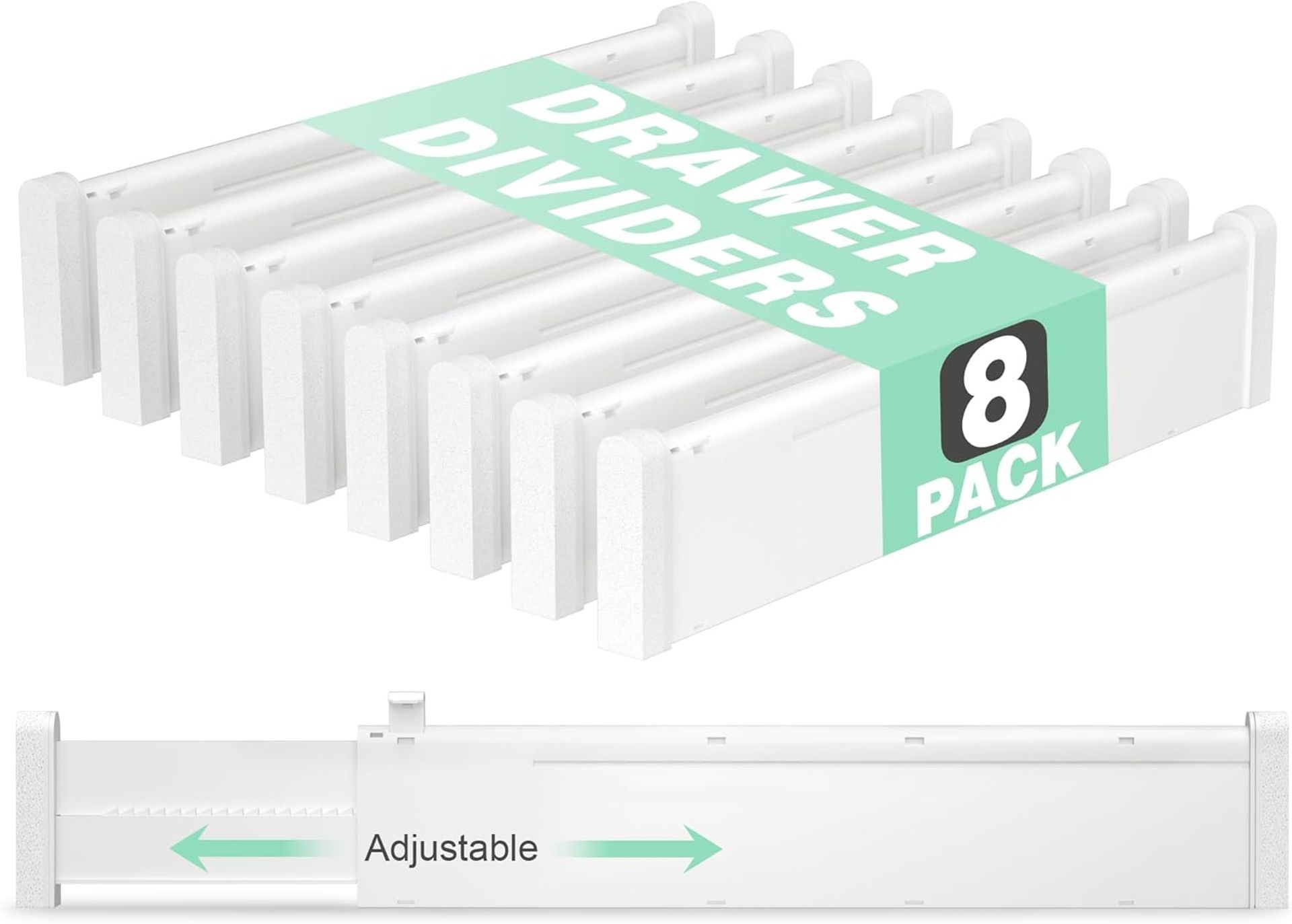 Expandable Drawer Dividers 8 Pack, Adjustable Clear Organisers for Kitchen, Bedroom, Bathroom & Office Storage