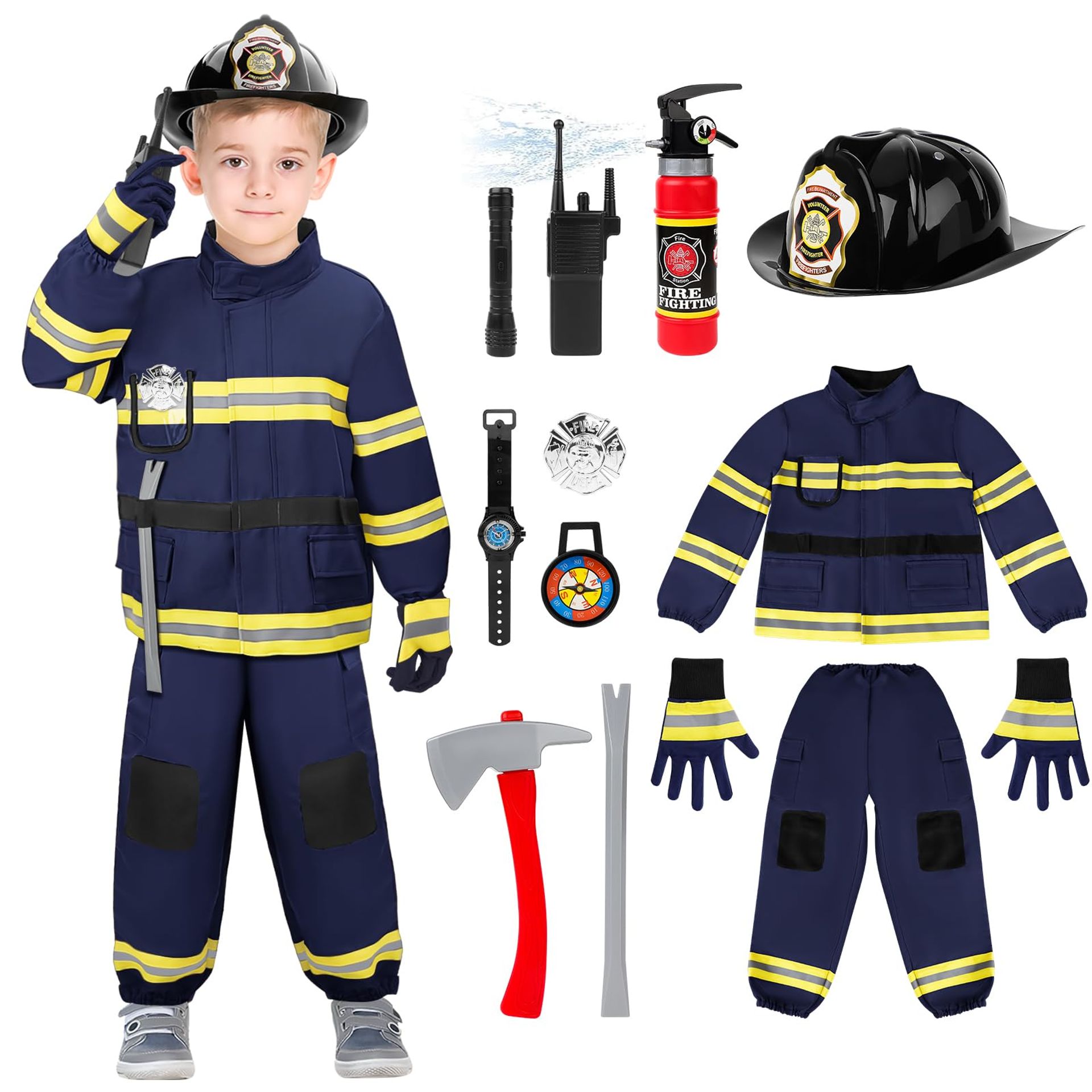 Kids Fireman Costume Dress Up Set with Helmet, Hose, Gloves & Toolbox - Blue 90~100cm