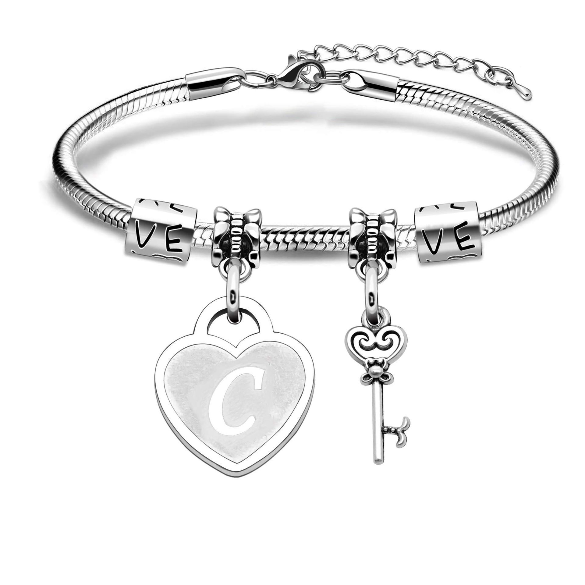 Silver Initial Charming Bracelet,Adjustable 26 A-Z English Letter Initiales Scepter Pendant Snake Bracelet For Birthday Christmas Jewellery (C)