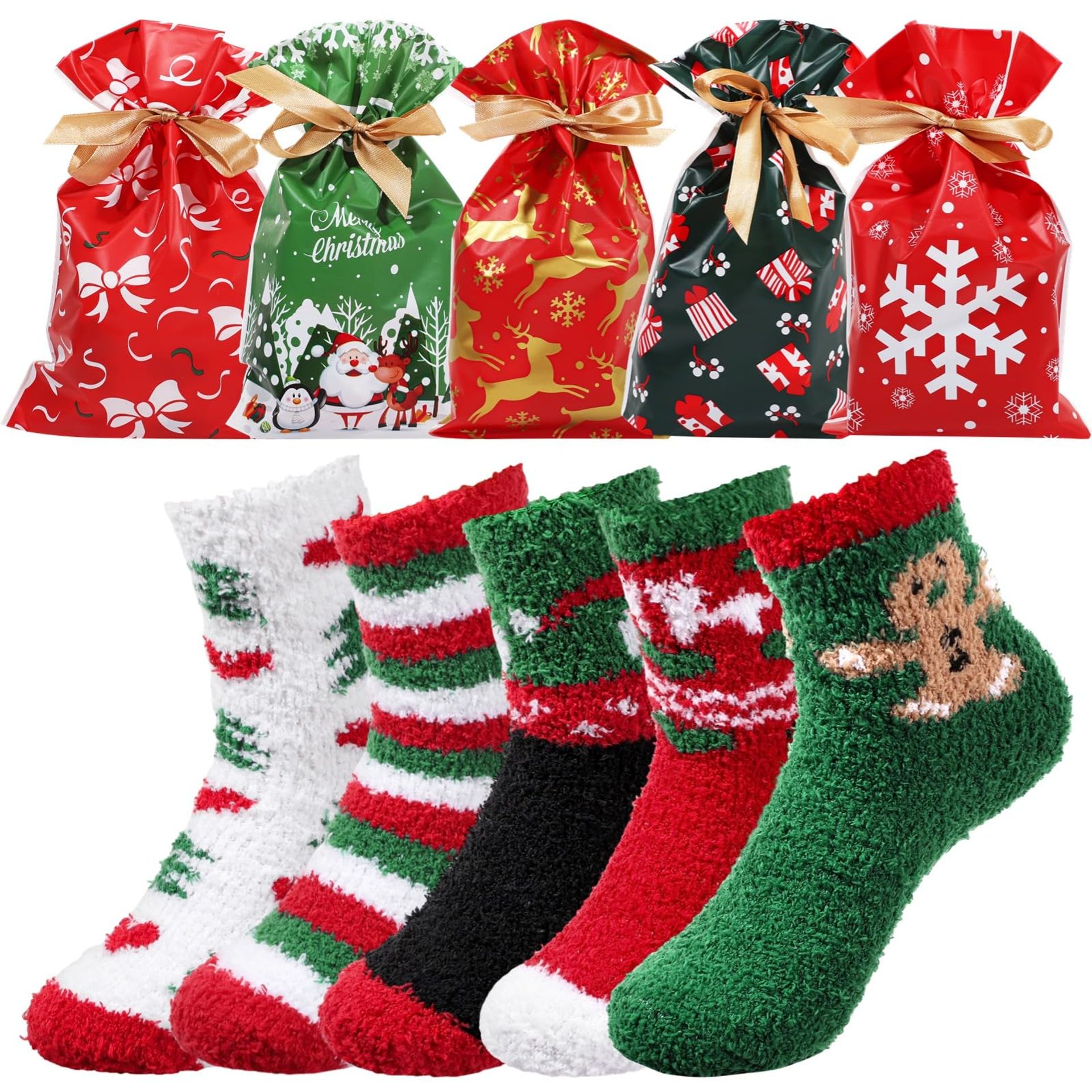 GEKMOR 5 Pairs Women's Christmas Socks, Christmas Socks with Gift Bags, Thick Fluffy Christmas Socks for Women, Winter Warm Cozy Mid-Calf Socks, Thoughtful Gift for Mom Wife Girlfriend Grandma