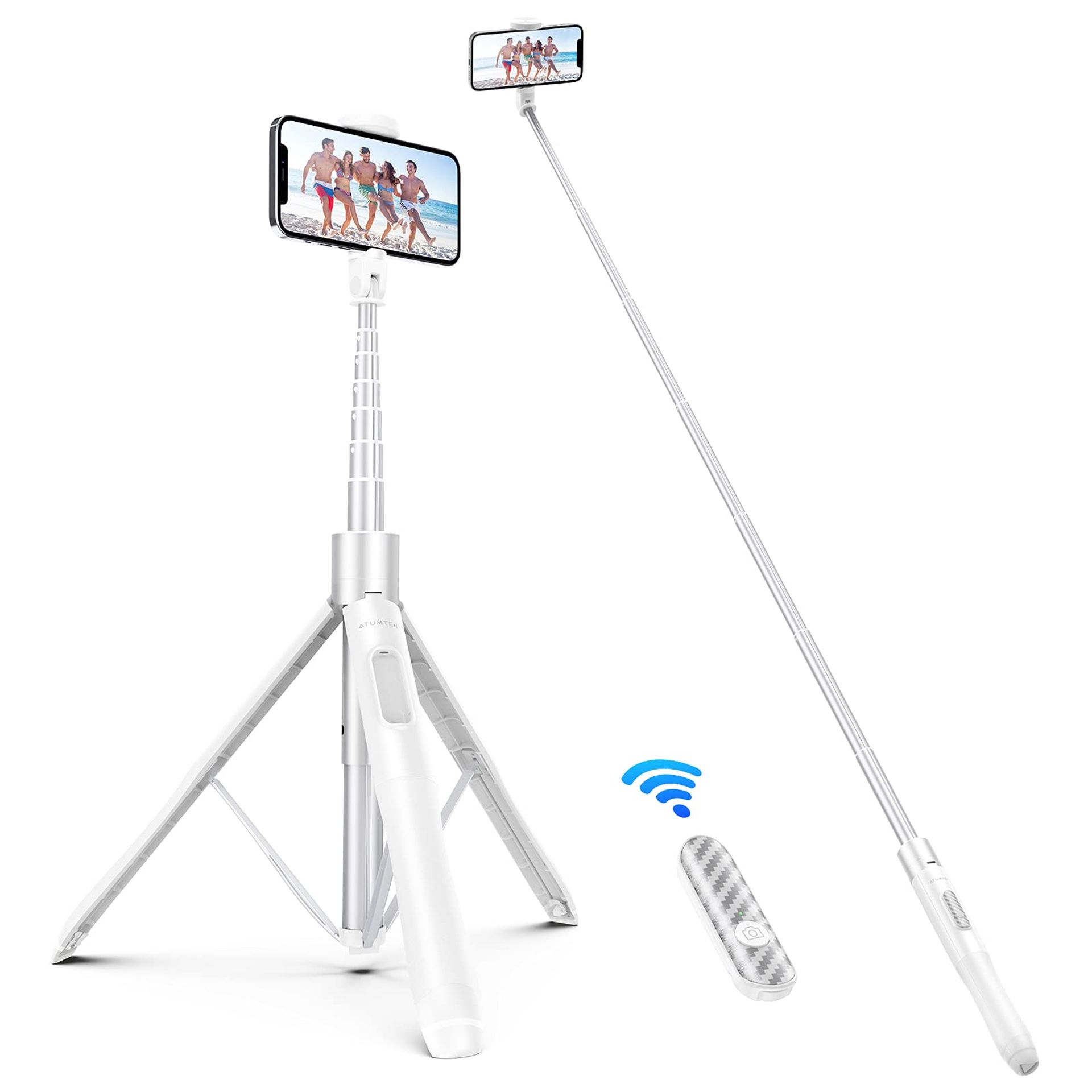 ATUMTEK Selfie Stick Tripod 1.5m Extendable with Bluetooth Remote 360° Rotation for iPhone & Android - White 1.5m