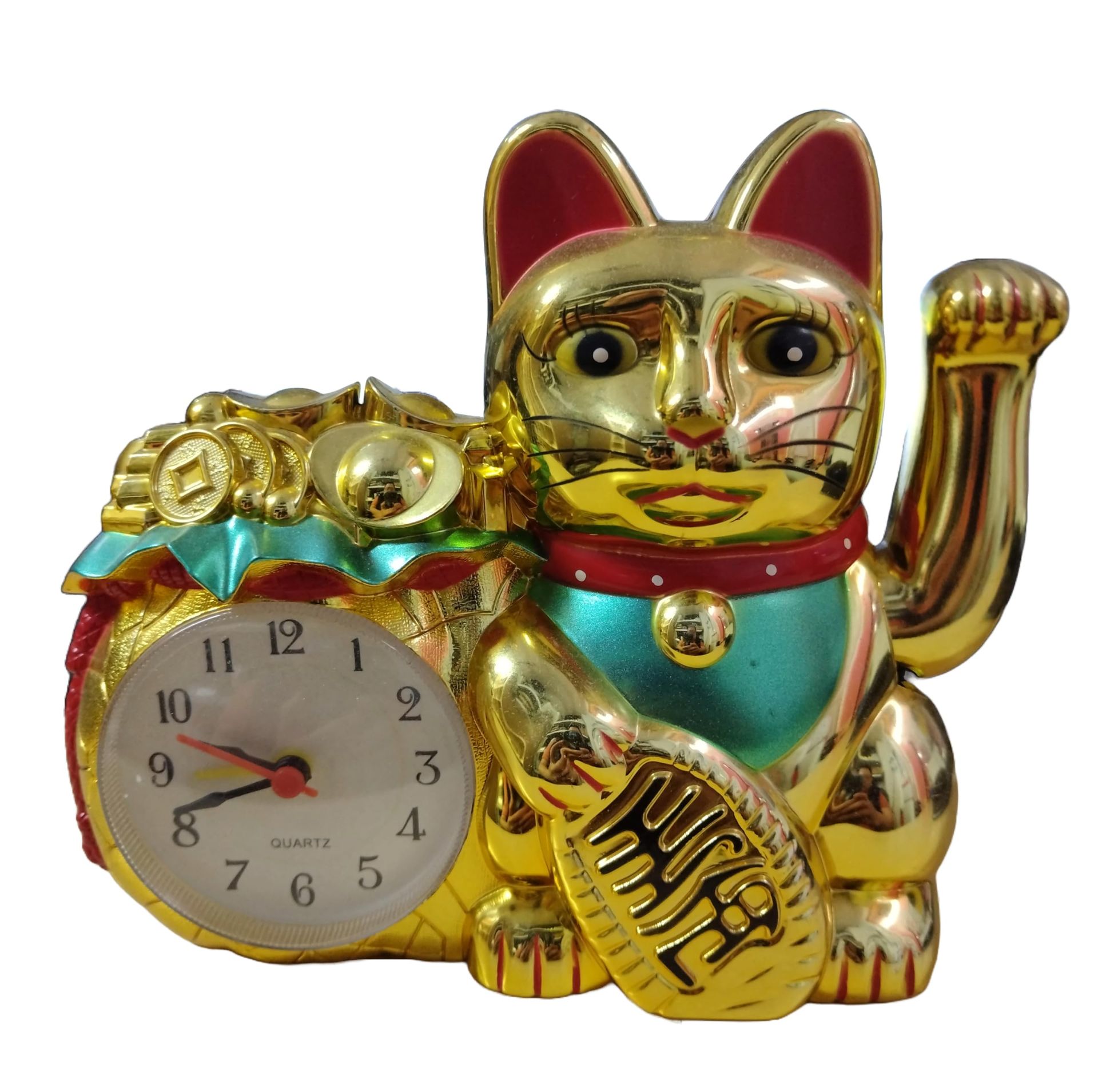 Golden Maneki-Neko Lucky Cat Charm with Clock - 6 Inch Waving Arm Fortune Cat