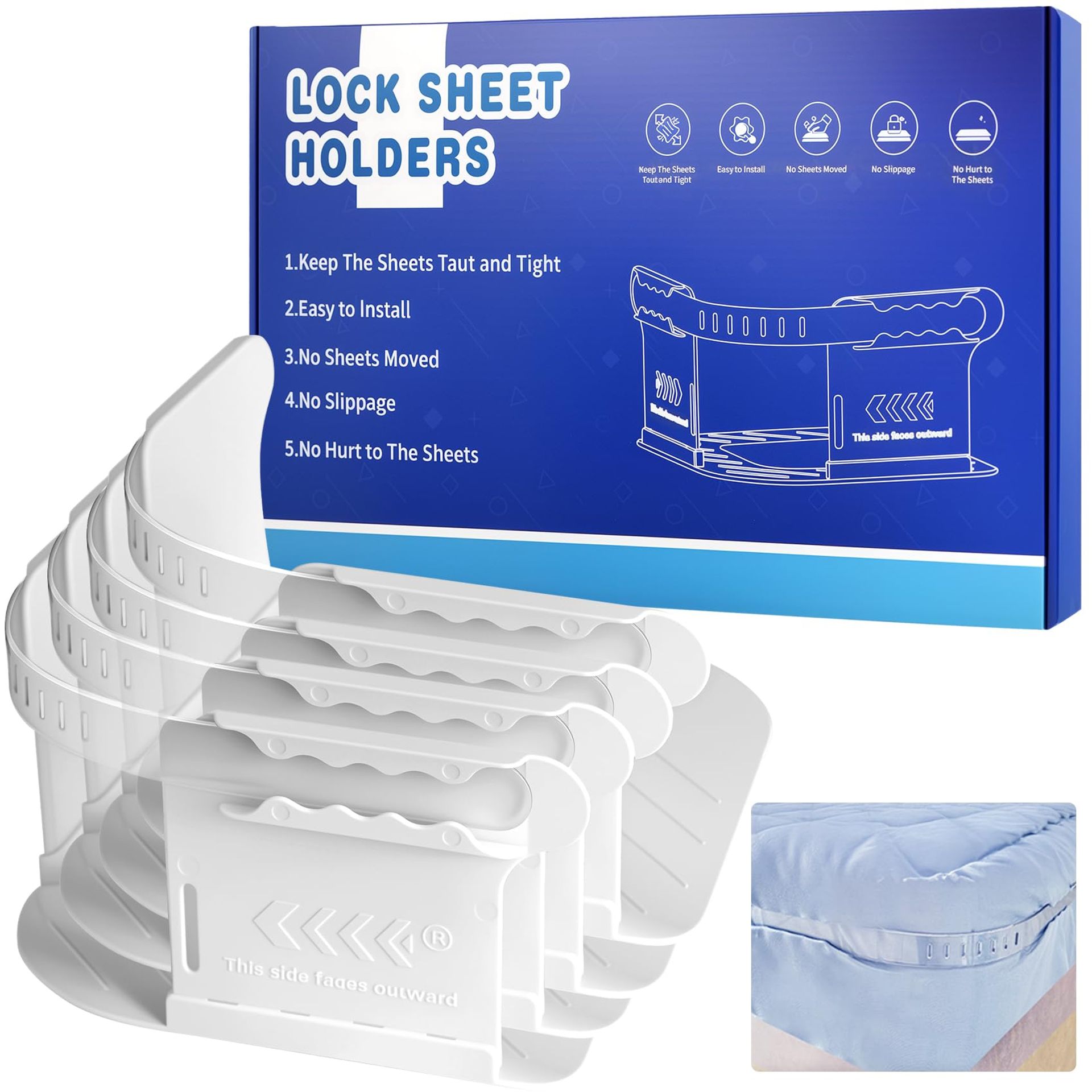 Bed Sheet Corner Holders with Lock Clips Keep Sheets Tight Heavy-Duty Straps Easy Install - White 4 Piece Set