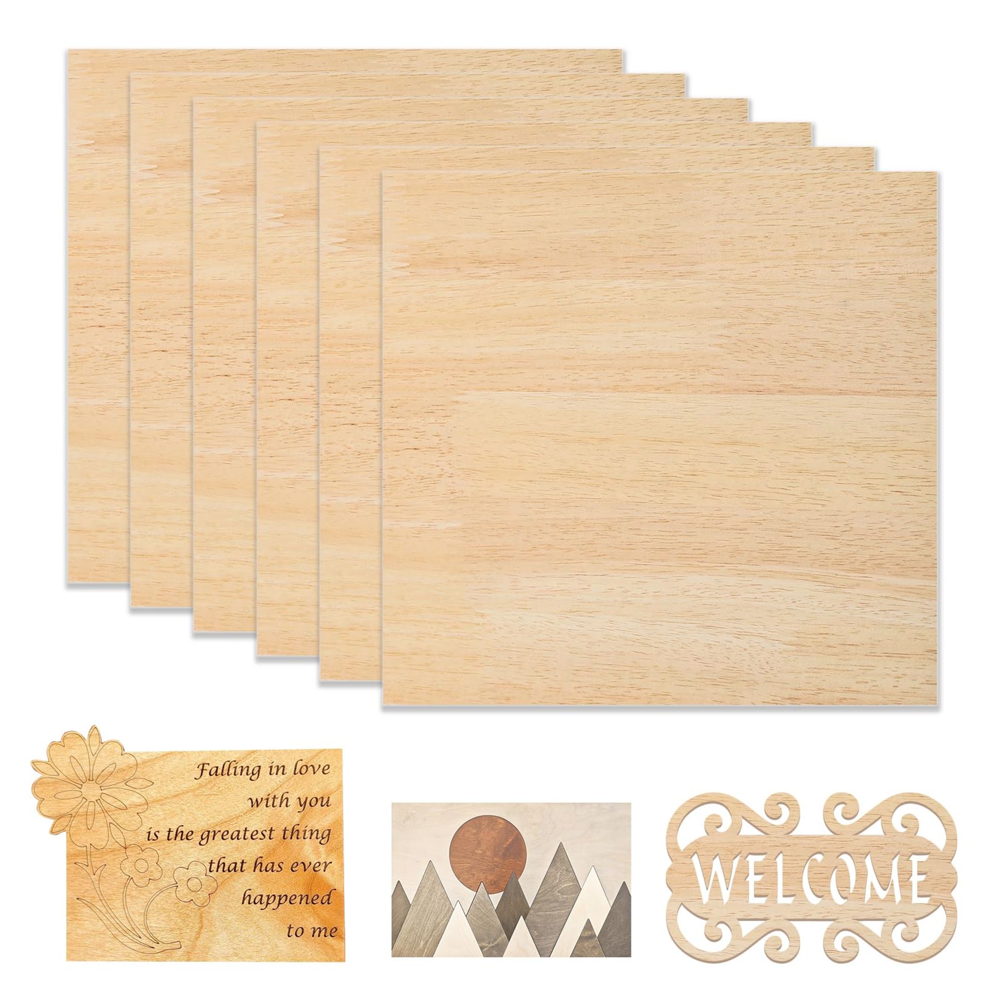 6-Piece Rubber Wood Plywood Set, 30cm x 30cm, Perfect for Laser Cutting and Engraving - Ideal for DIY Projects