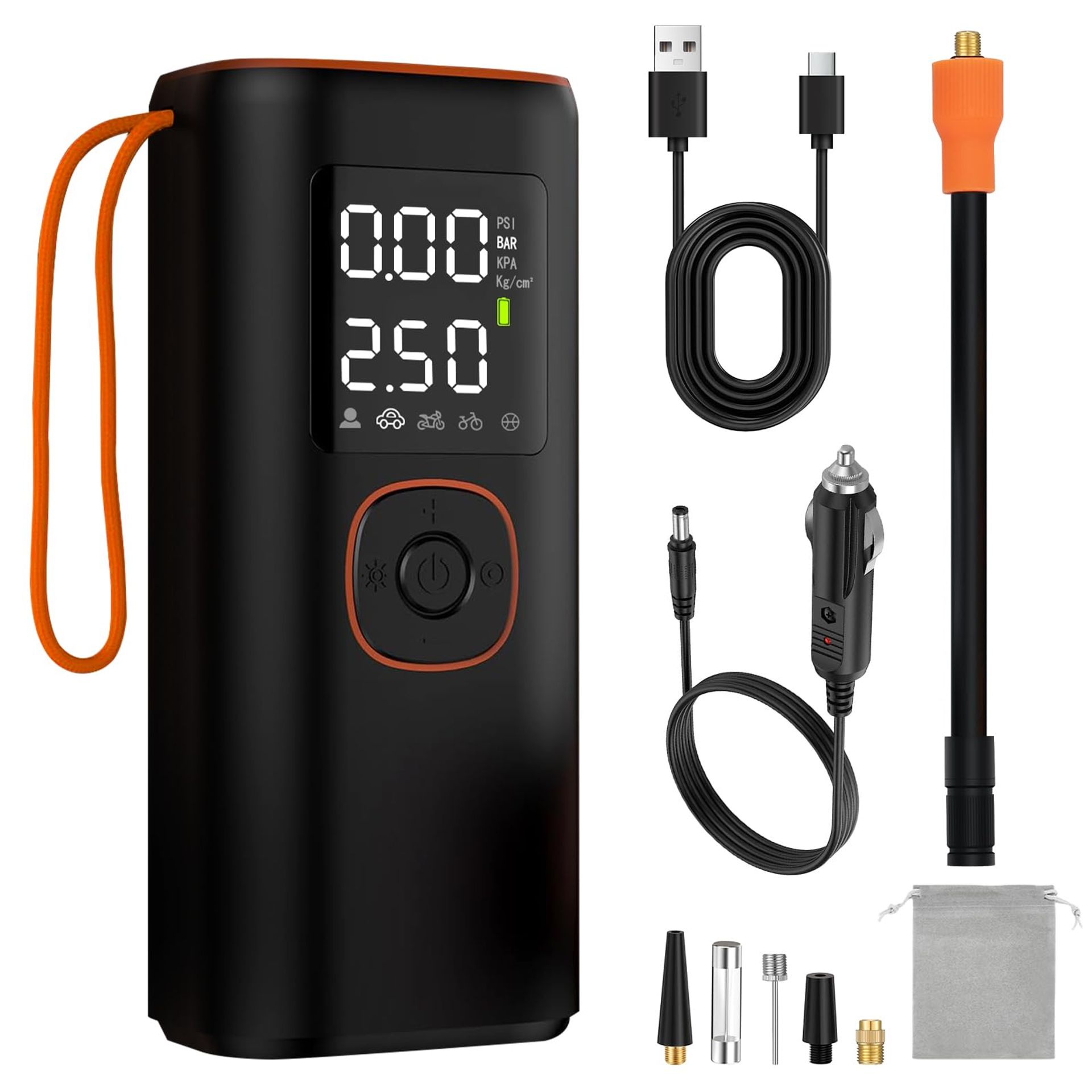 Portable Cordless Tyre Inflator 150PSI Rechargeable Air Compressor for Car, Bike & Motorcycle - Black One Size