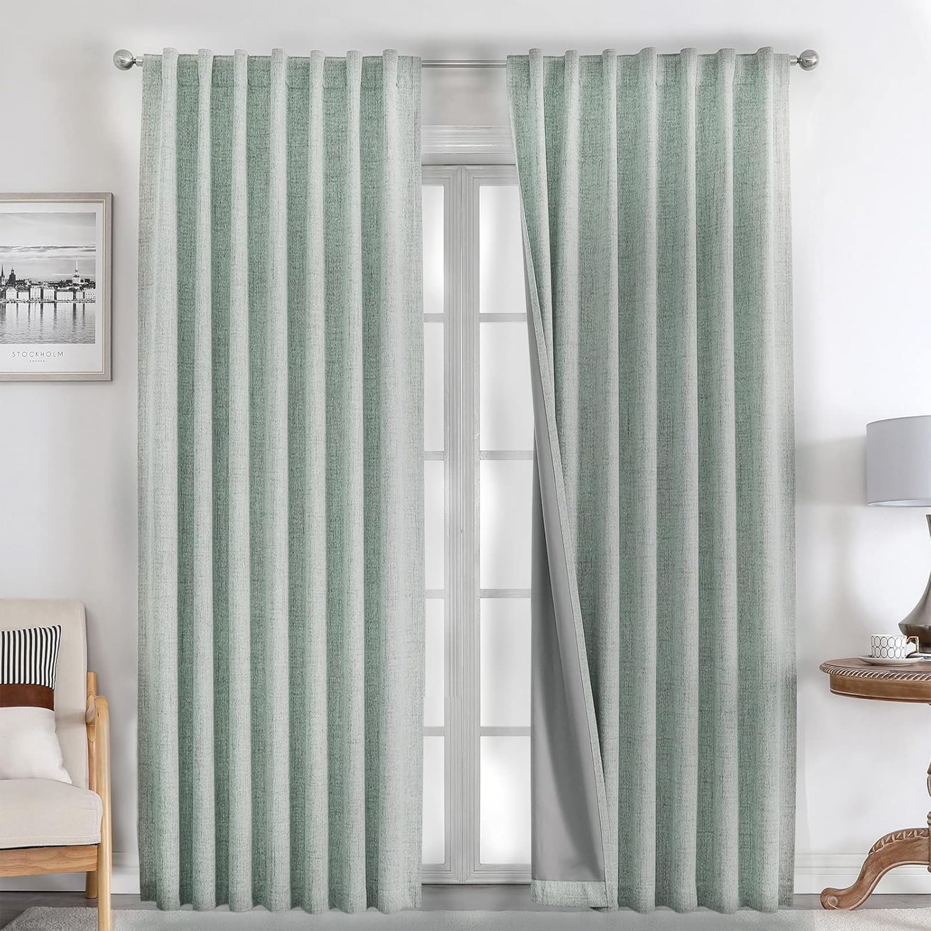 Blackout Thermal Lined Curtains 100% Light Blocking Linen Texture with Back Tabs & Rod Pocket - Sage Green W 55" x L 96" (2 Panels)