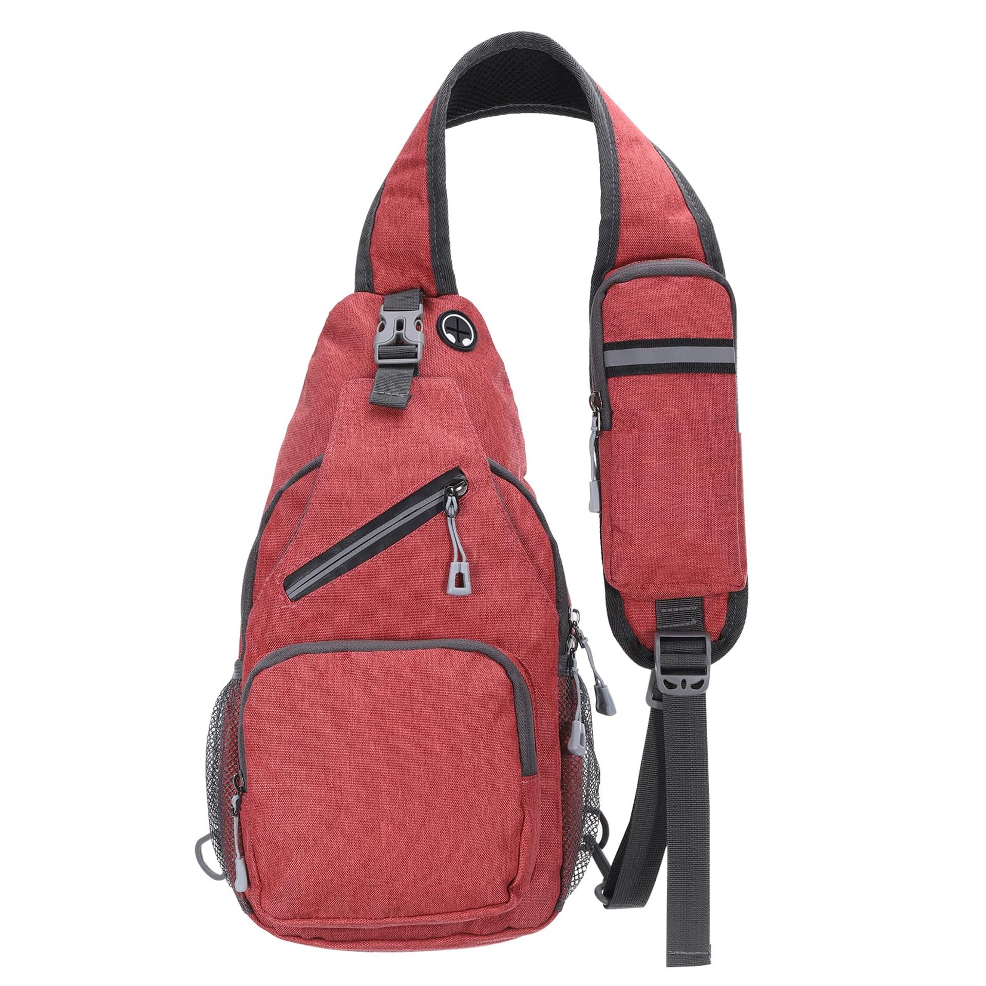 Small Sling Bag Oxford Fabric Waterproof Crossbody Backpack with Headphone Jack for Hiking, Travel & Cycling - Red 7.48x15in