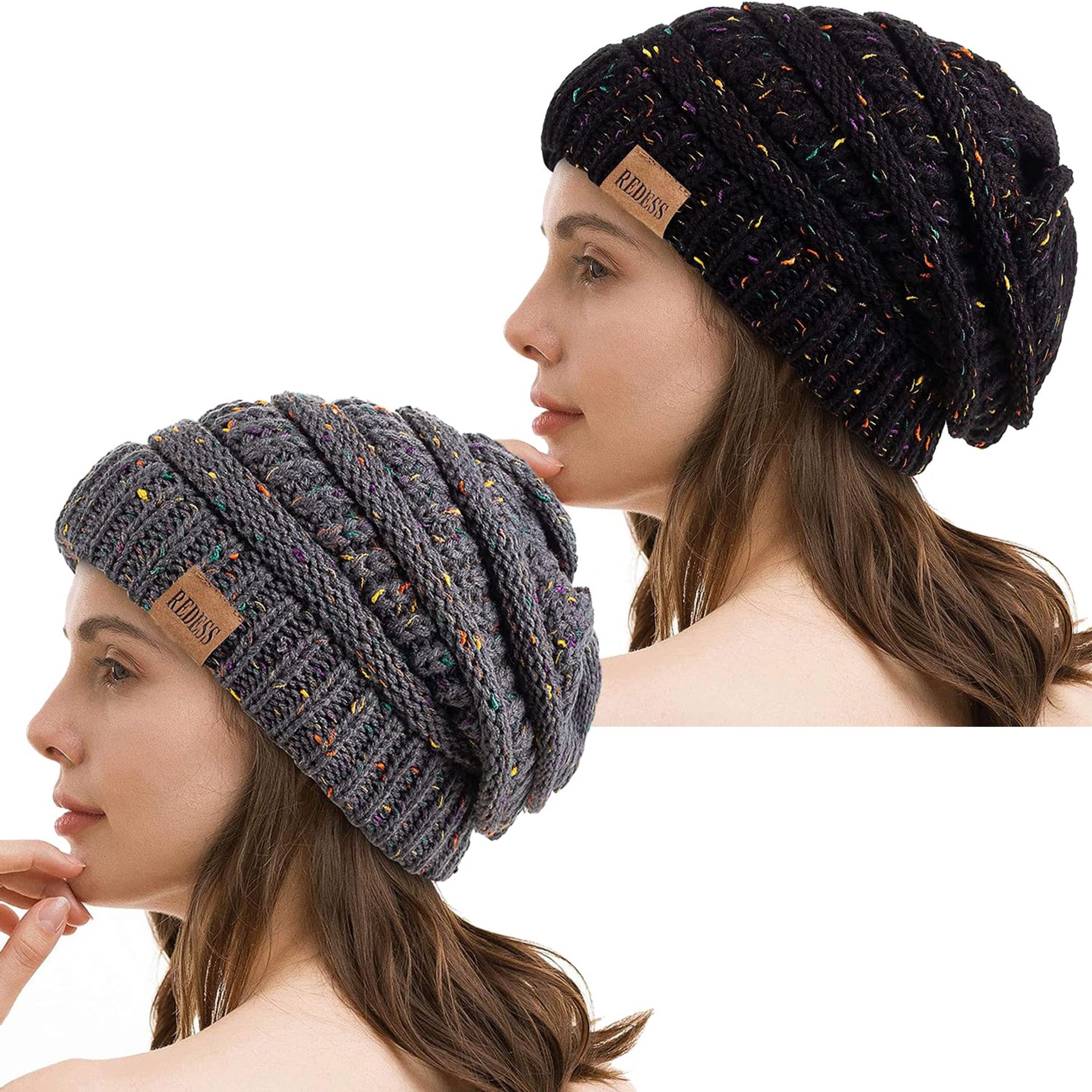 Women's Slouchy Beanie Hat Winter Warm Chunky Cable Knit Soft Oversized Cap - Dot Black+Dot Dark Grey One Size