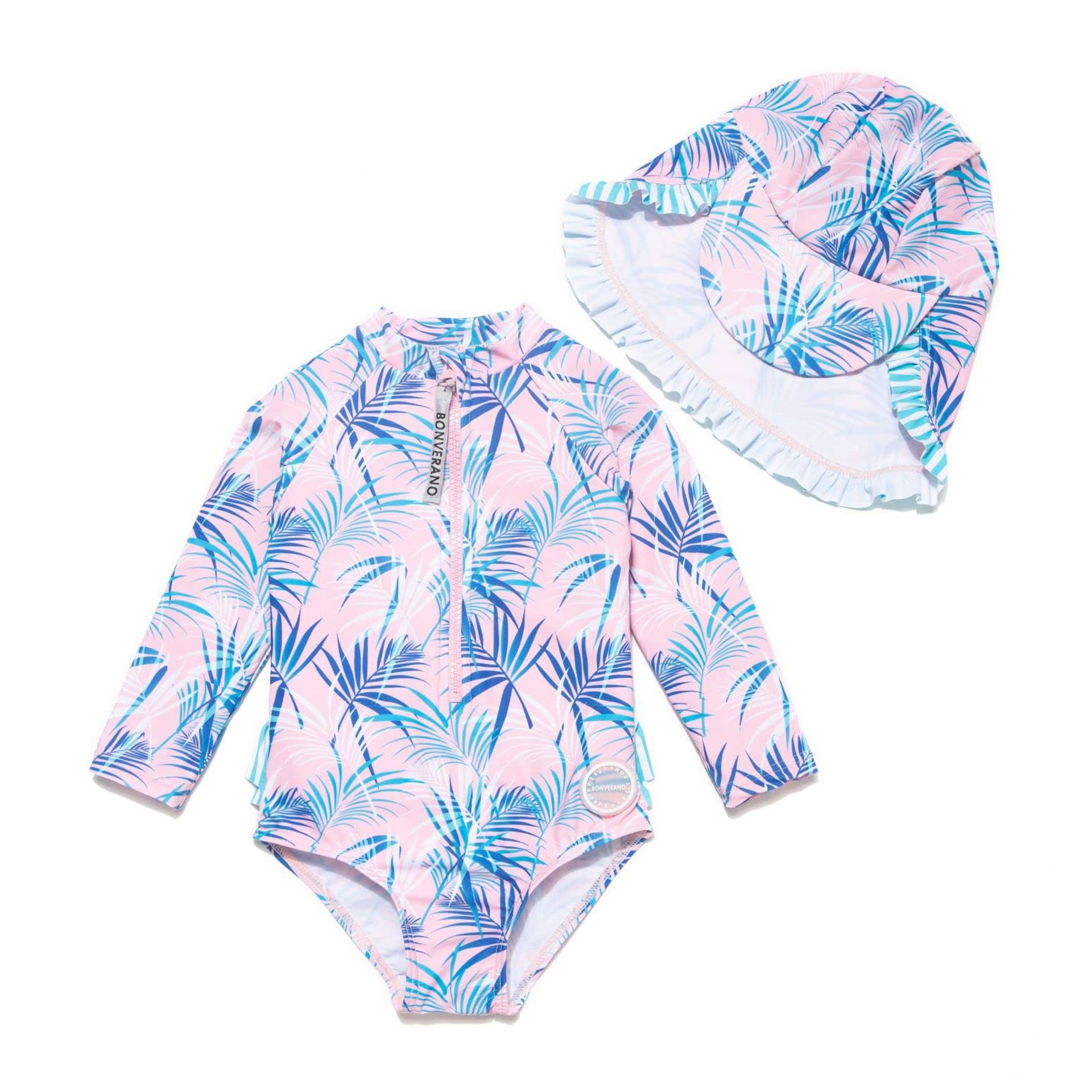 Infant & Baby Girl Swimsuit One-Piece with Sun Cap, UPF 50+ UV Protection - Fine Leaf 12-18 Months