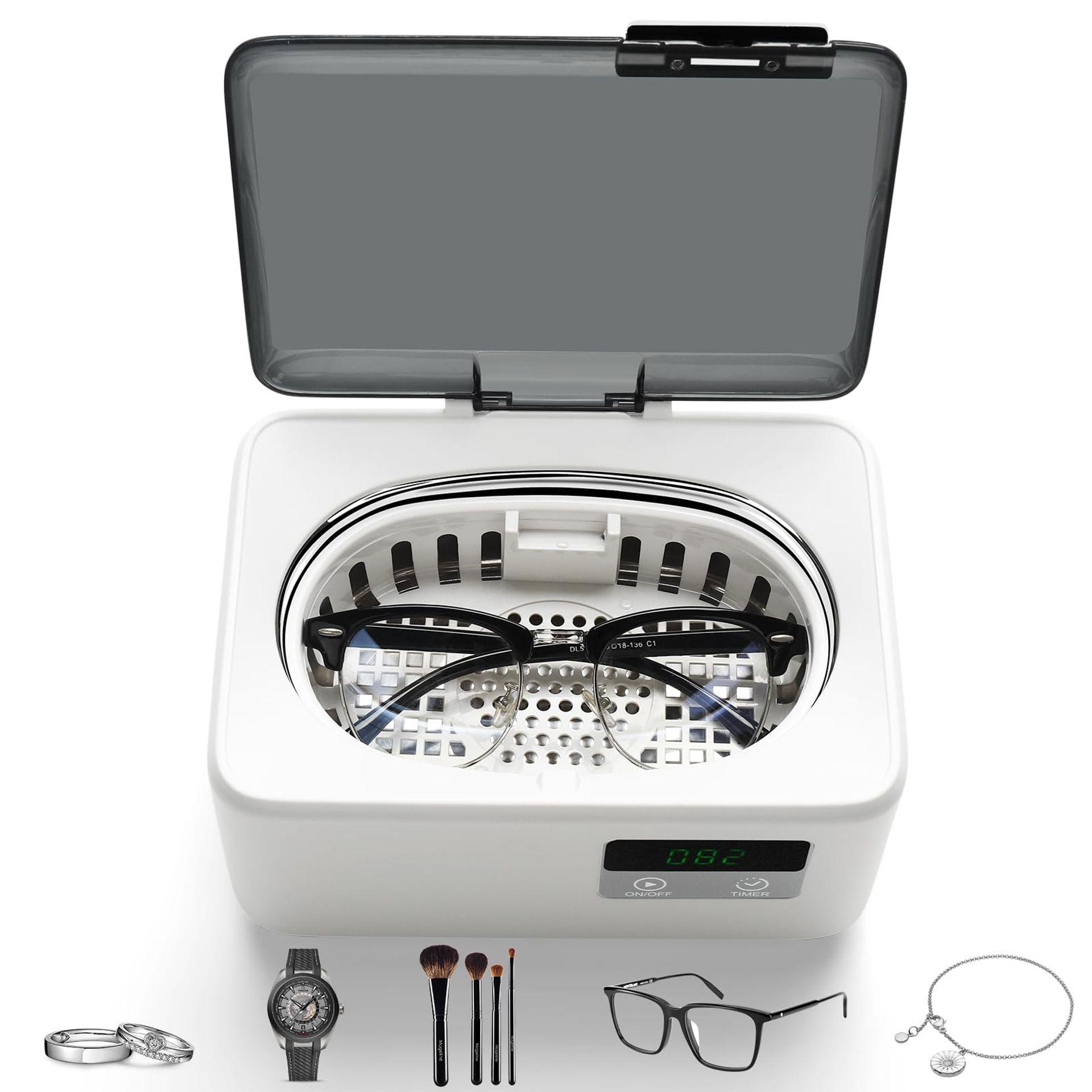 Ultrasonic Jewellery Cleaner 48kHz 600ML Digital Timer Multi-Purpose Cleaner for Jewellery, Glasses & Dentures - White SE-960