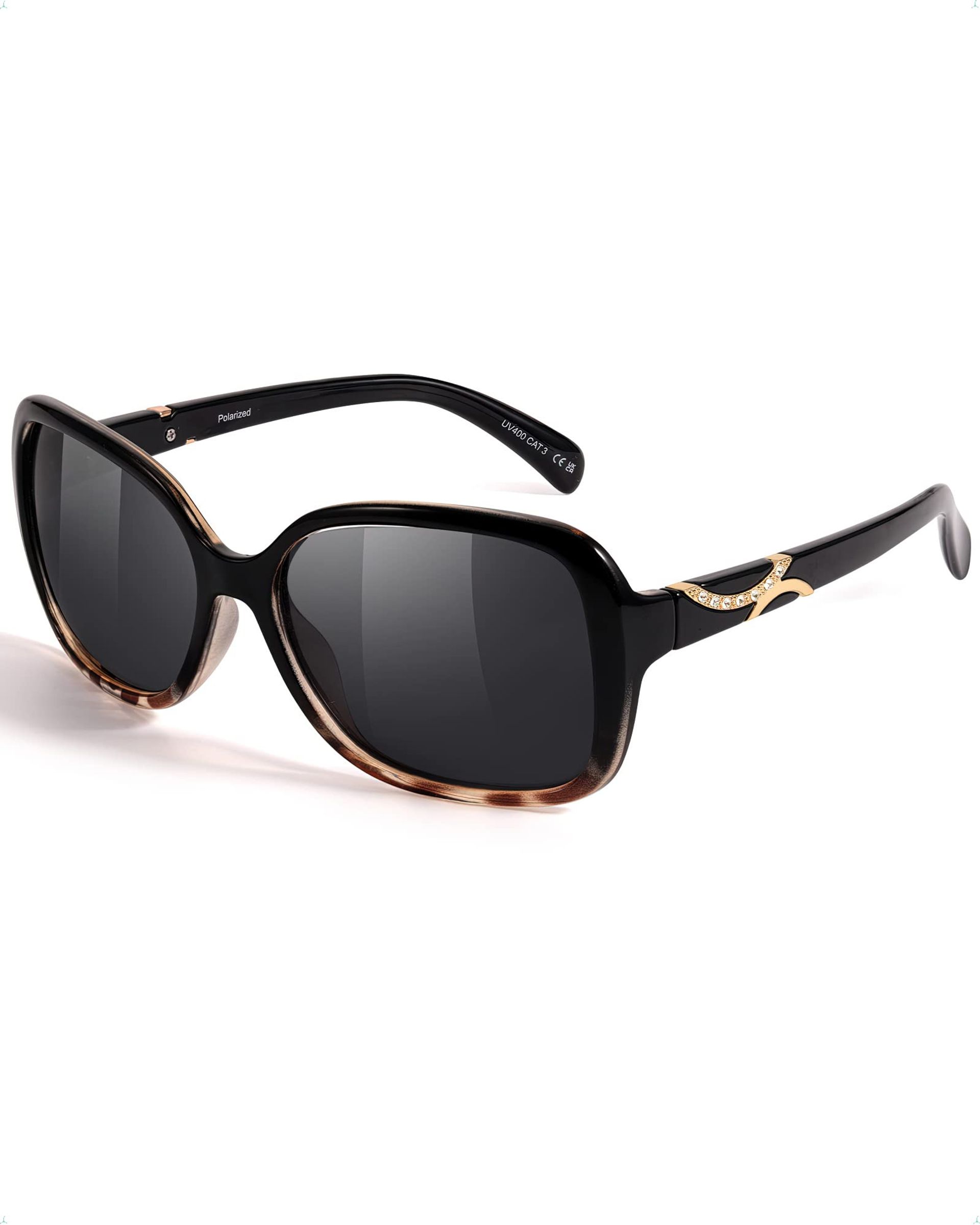 Women's Polarized Butterfly Sunglasses UV400 Protection Rhinestone Oversized Frame - Black Brown C3