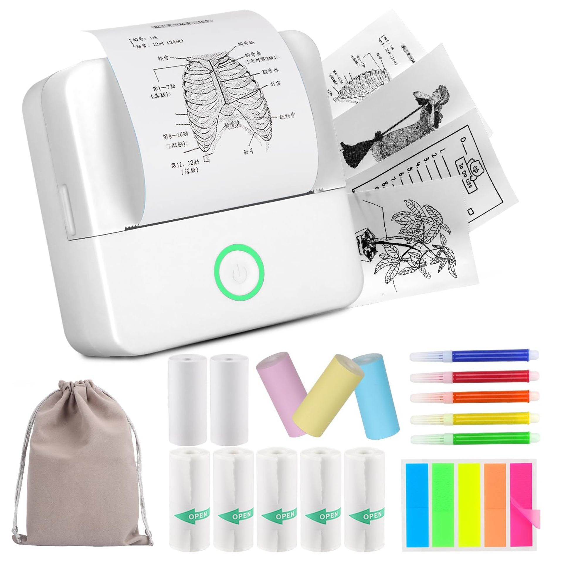 Mini Pocket Bluetooth Thermal Printer Portable Photo & Label Maker for Android iOS with 10 Rolls Inkless Printing Paper - White Mini - Valentines