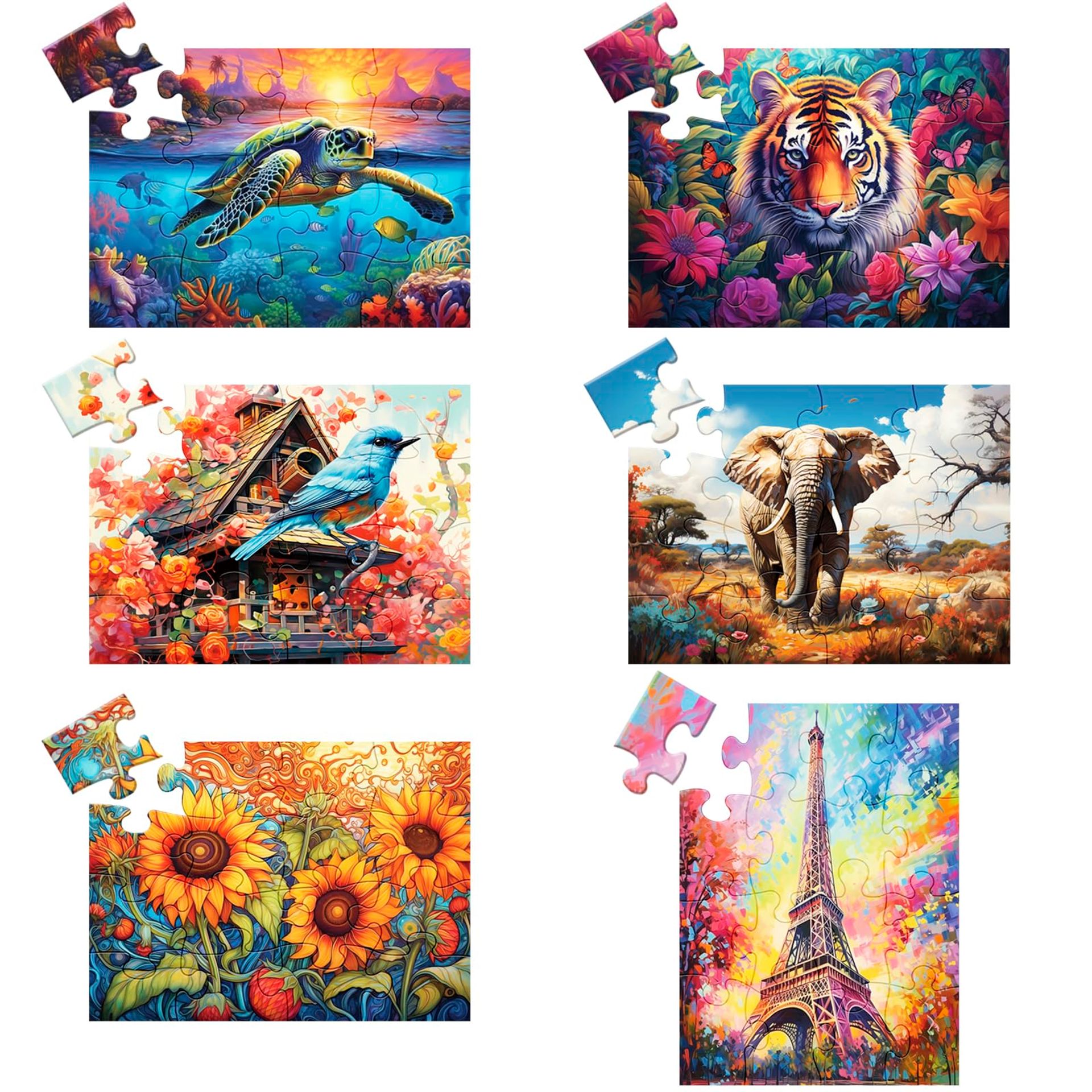 6 Pack Large Piece Jigsaw Puzzles for Adults & Seniors – Dementia Activities with Storage Bags