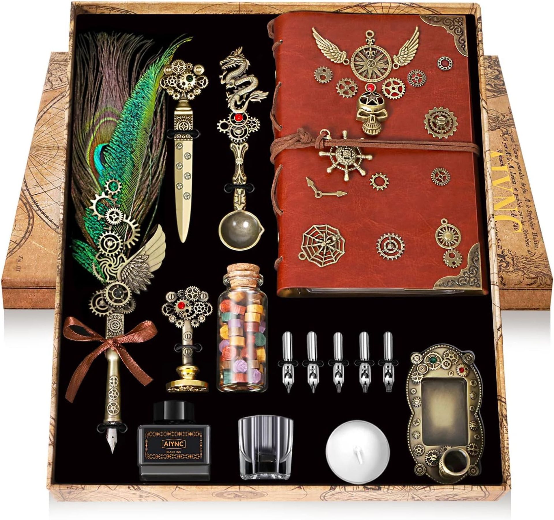 Calligraphy Quill Pen & Ink Writing Set with Notebook and Wax Seal Stamp Kit Gift Box - Peacock Feather 1 Count
