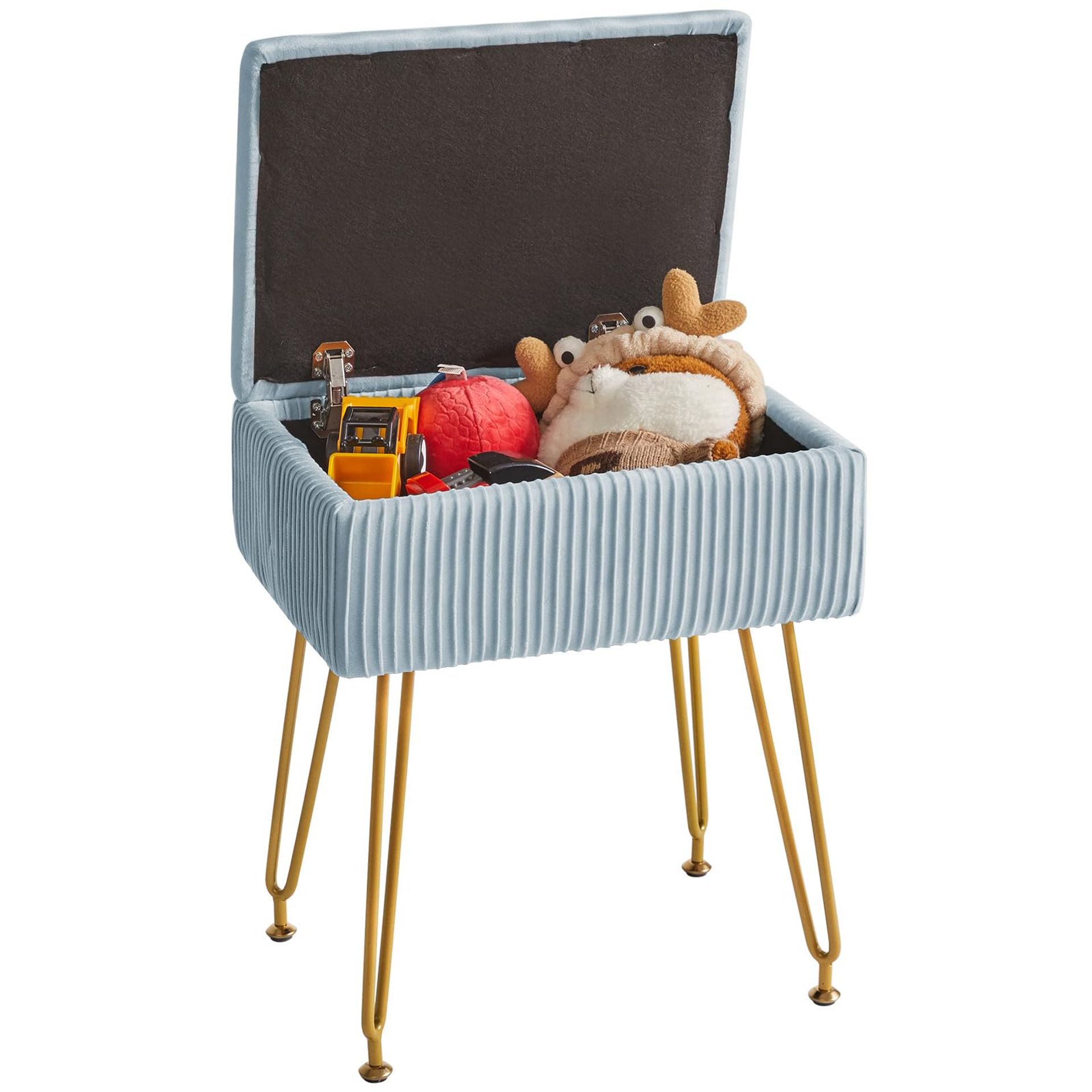 Velvet Upholstered Footstool Ottoman with Metal Legs and Removable Cover for Living Room or Bedroom - Blue Grey 40×29.5×48CM