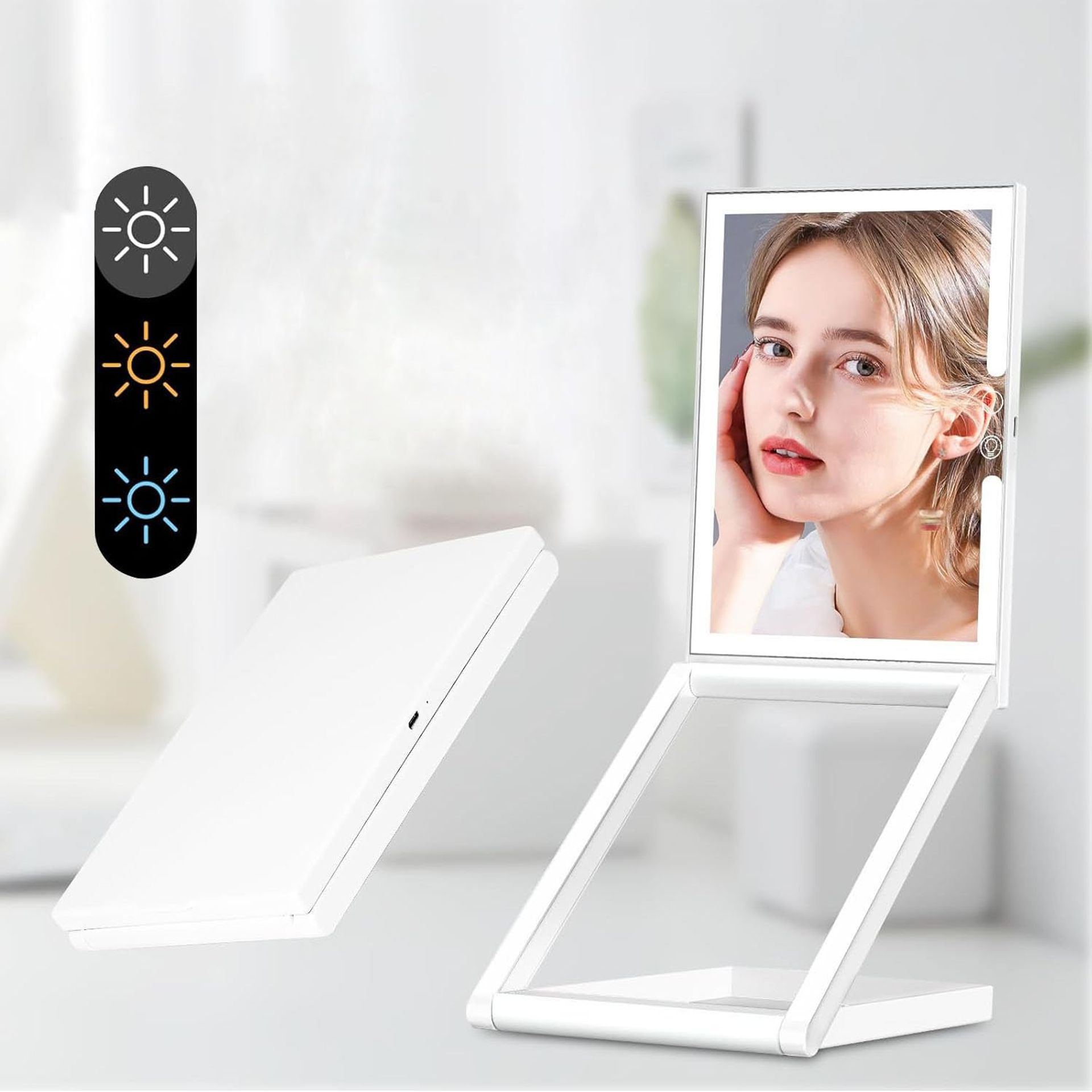 Vanity Mirror with Lights Folding Tabletop Rechargeable Travel Makeup Mirror with 3 Colour Lighting - White 22x15cm