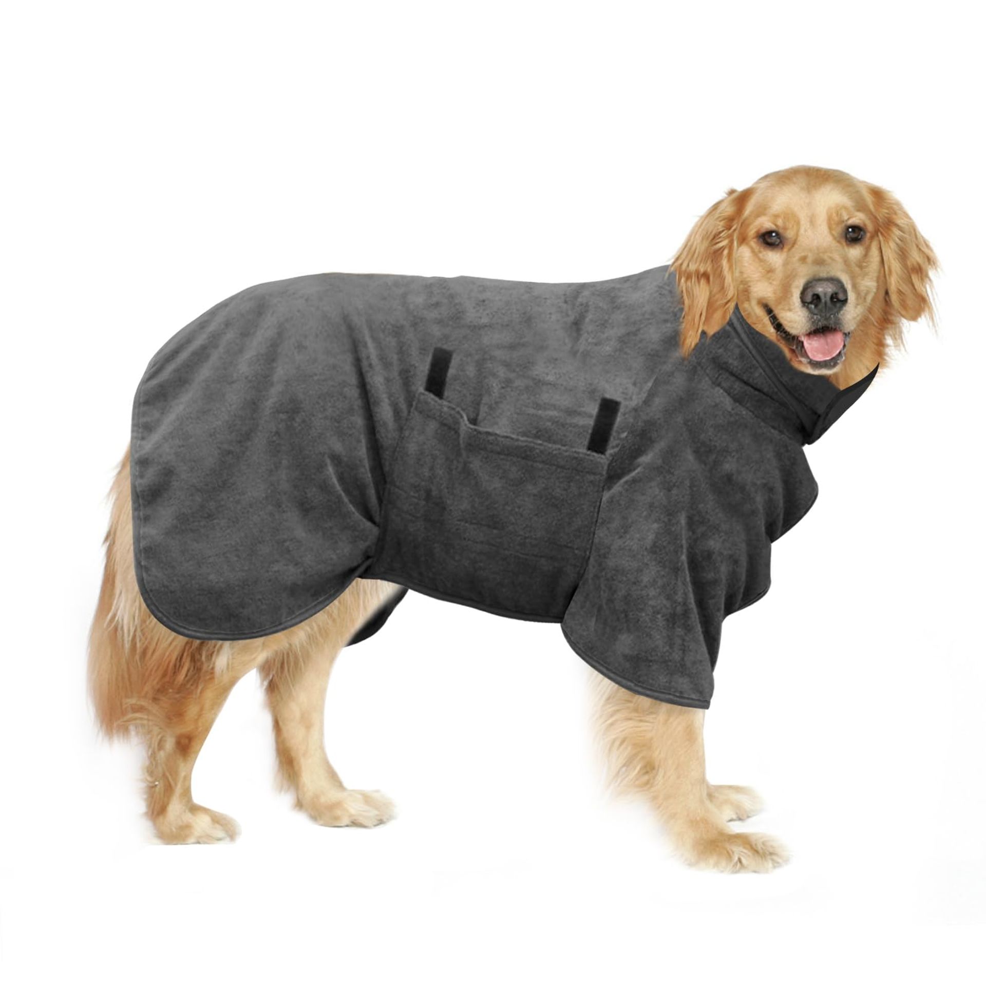 Super Absorbent Microfibre Pet Drying Coat Towel Robe - Adjustable Grey, Size L