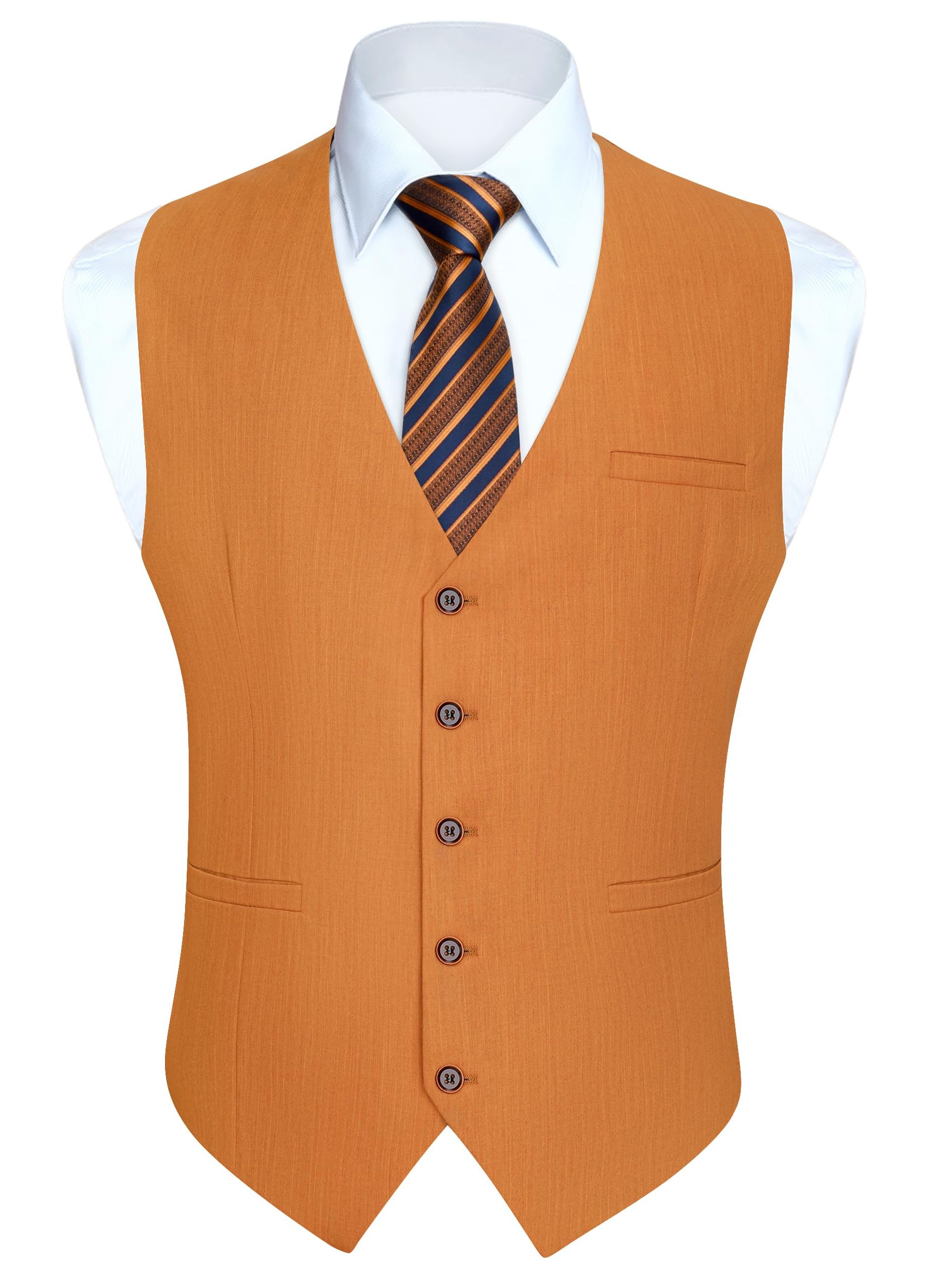Men's Formal Waistcoat Classic Cotton-Blend V-Neck Suit Vest with Pockets - Burnt Orange L