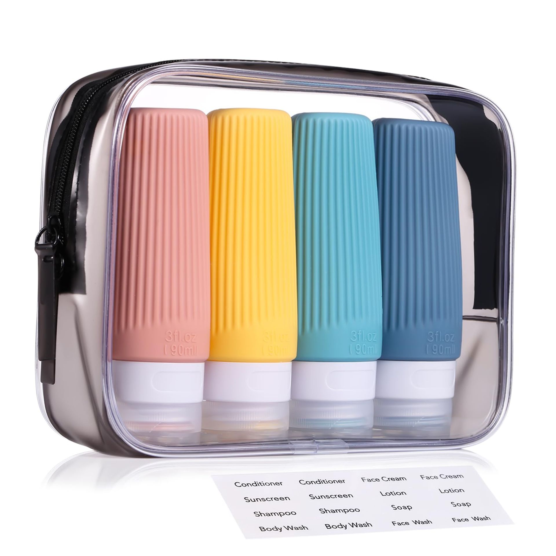 3oz Silicone Travel Bottles Set - Leak Proof, BPA Free, TSA Approved with Toiletry Bag (4 Pack, Yellow)