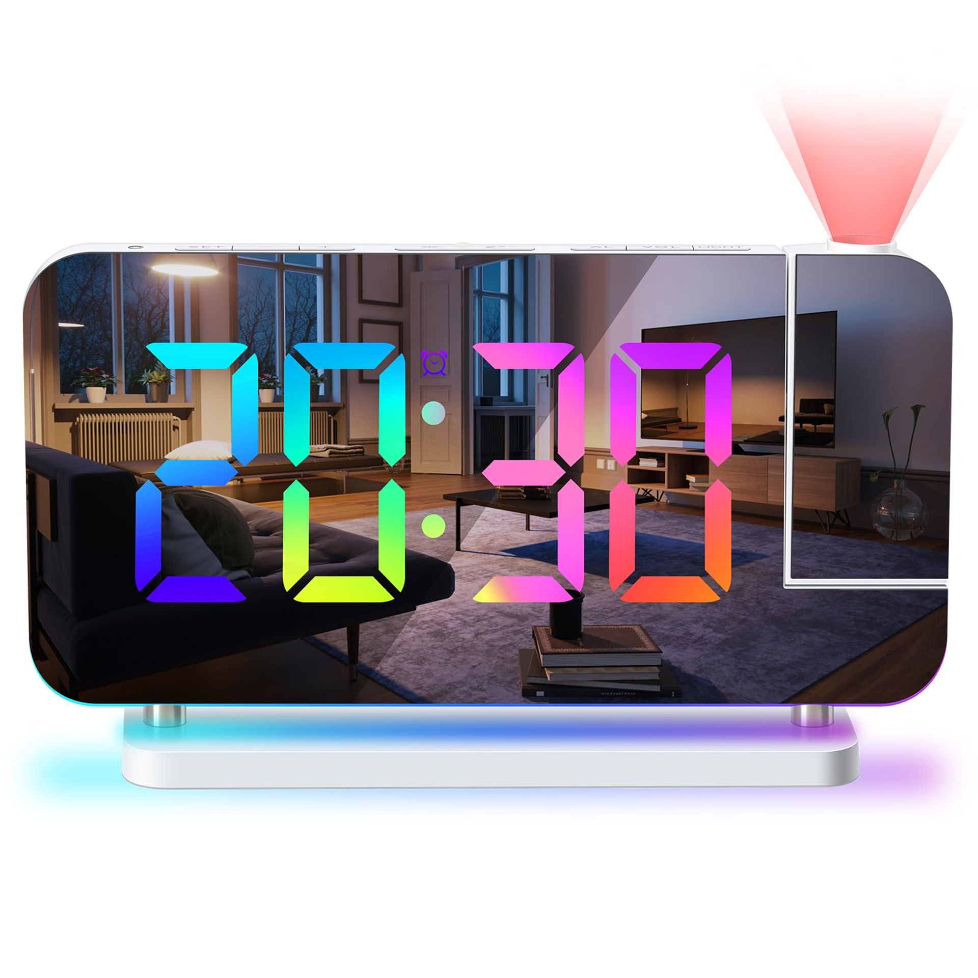 Projection Alarm Clock Digital LED Clock 8-Inch Mirror Display with 180° Rotatable Projector, USB Charger, Snooze & RGB Lighting - White 8"