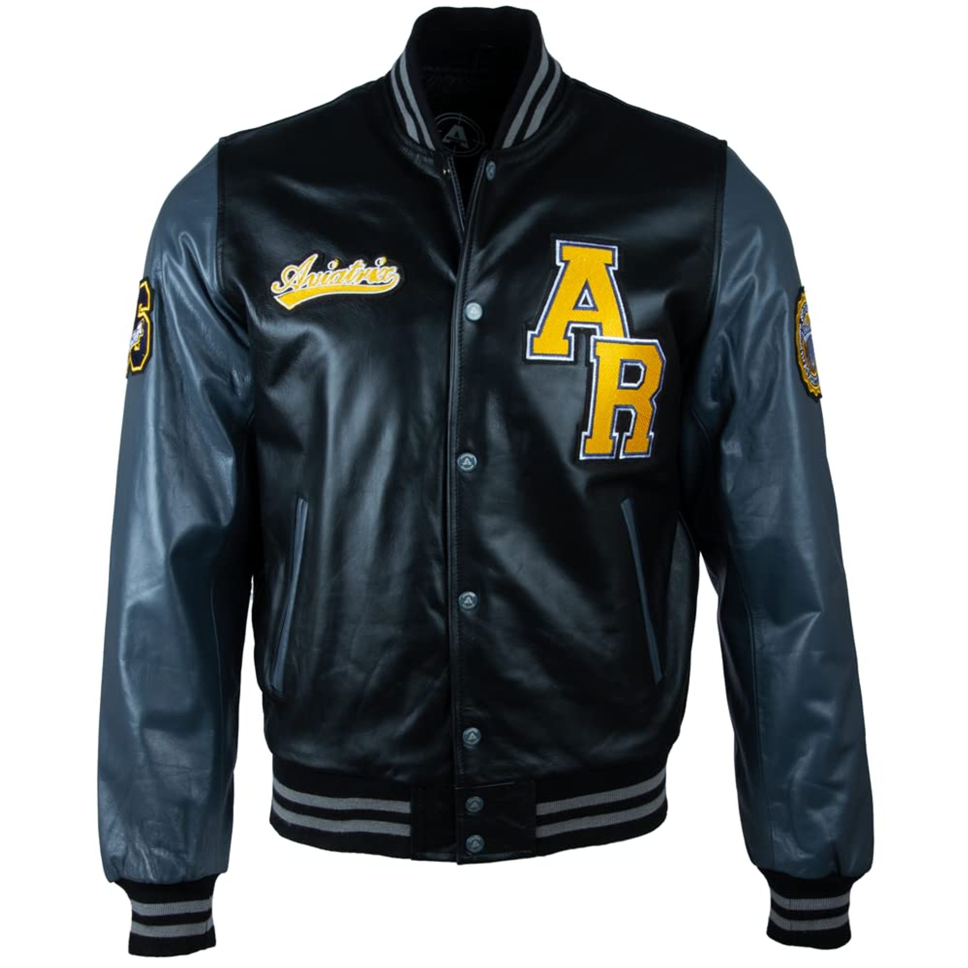 Men's Real Cowhide Leather Baseball Varsity Bomber Jacket with Embroidered Patches and Ribbed Trim - Navy/Mustard 3XL