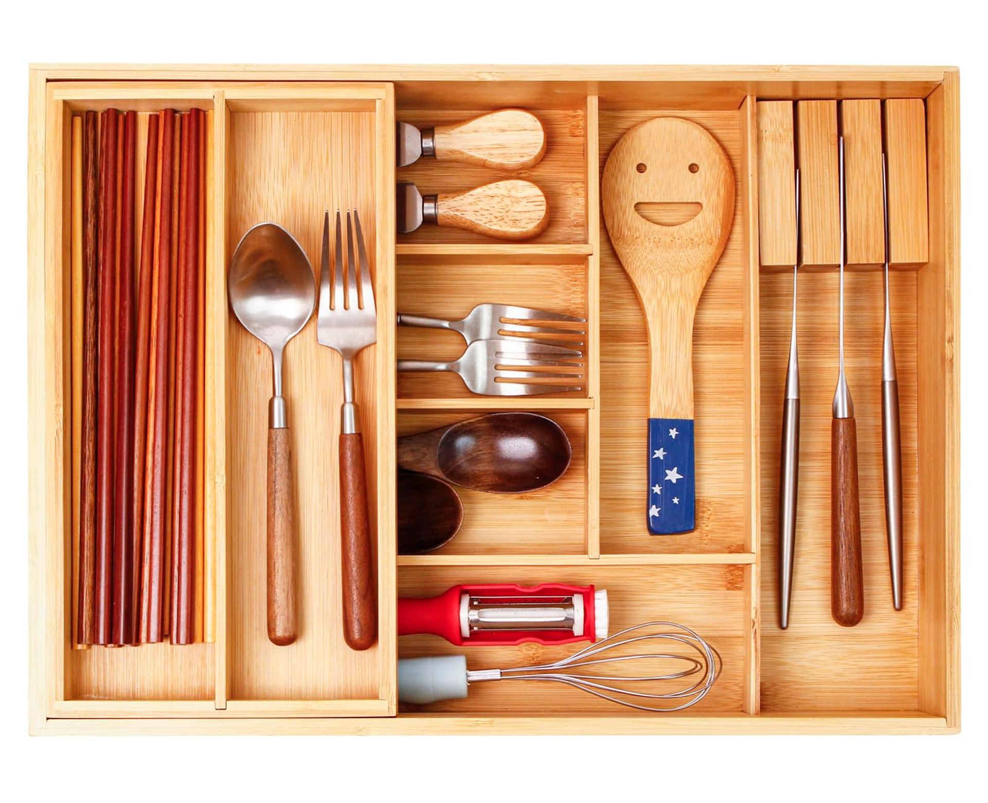 Double Layer Bamboo Cutlery Drawer Organiser with Sliding Tray & Knife Block - Space Saving Kitchen Storage