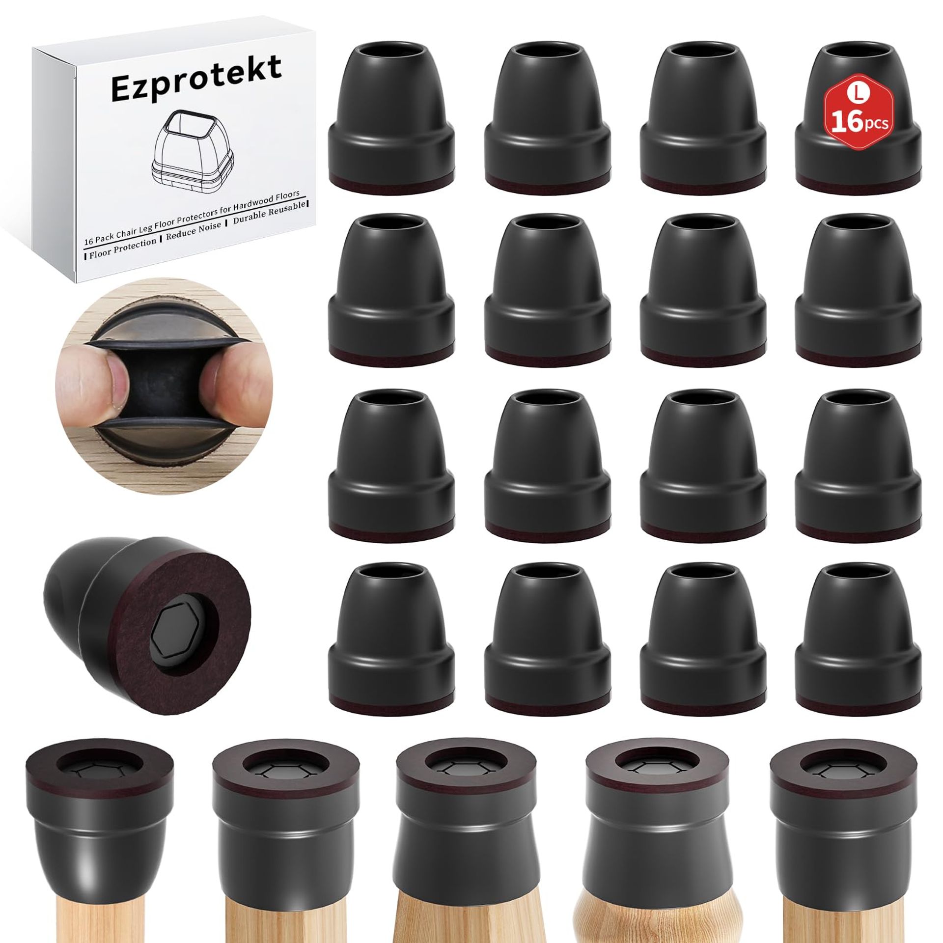 16 PCS Black Silicone Chair Leg Floor Protectors with Felt Pads, No Noise or Scratches, Furniture Feet Protection