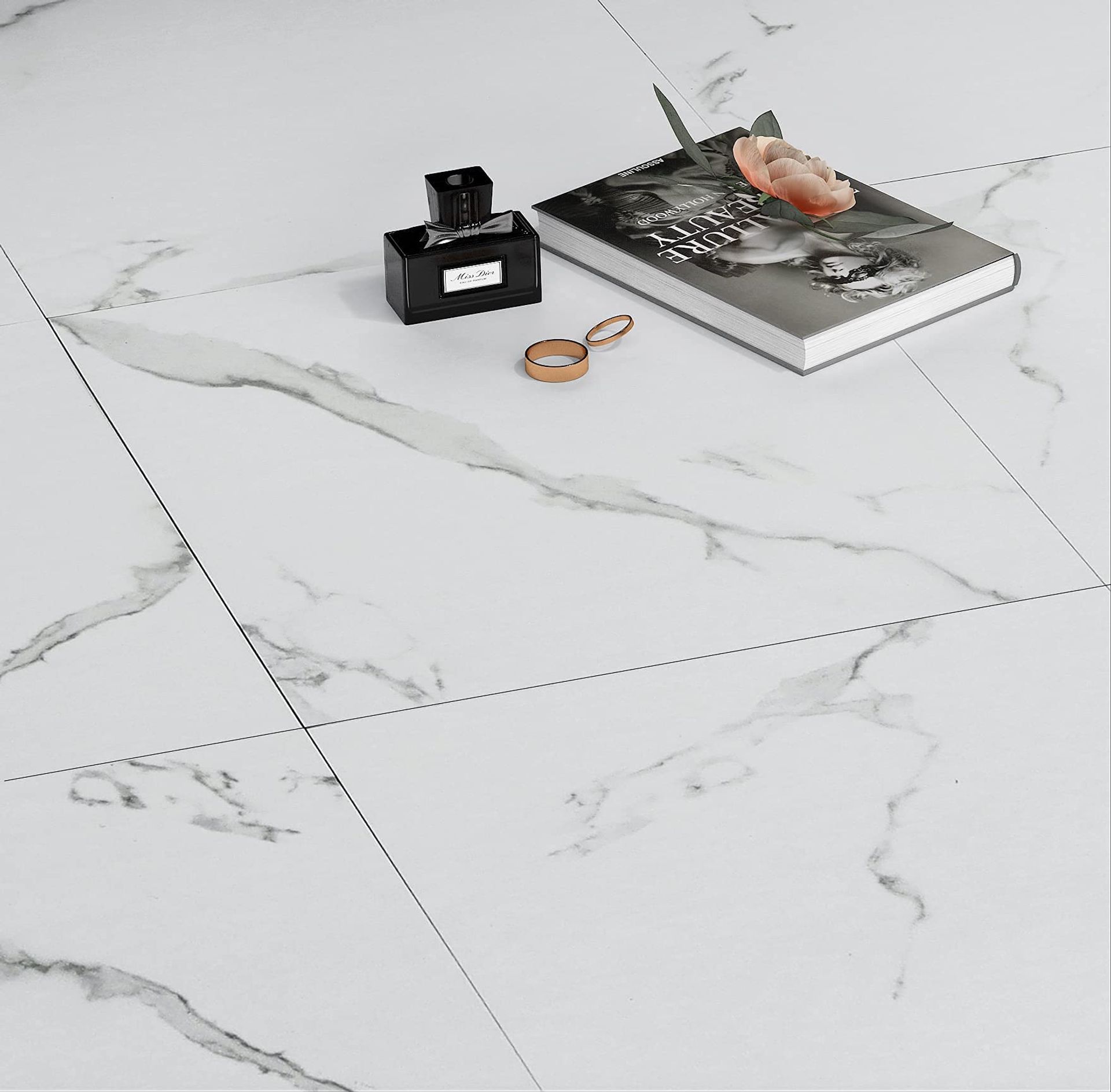 Peel & Stick Vinyl Floor Tiles 30x30cm 15 Pack - White Marble Effect, Self-Adhesive Flooring for Kitchen & Bathroom