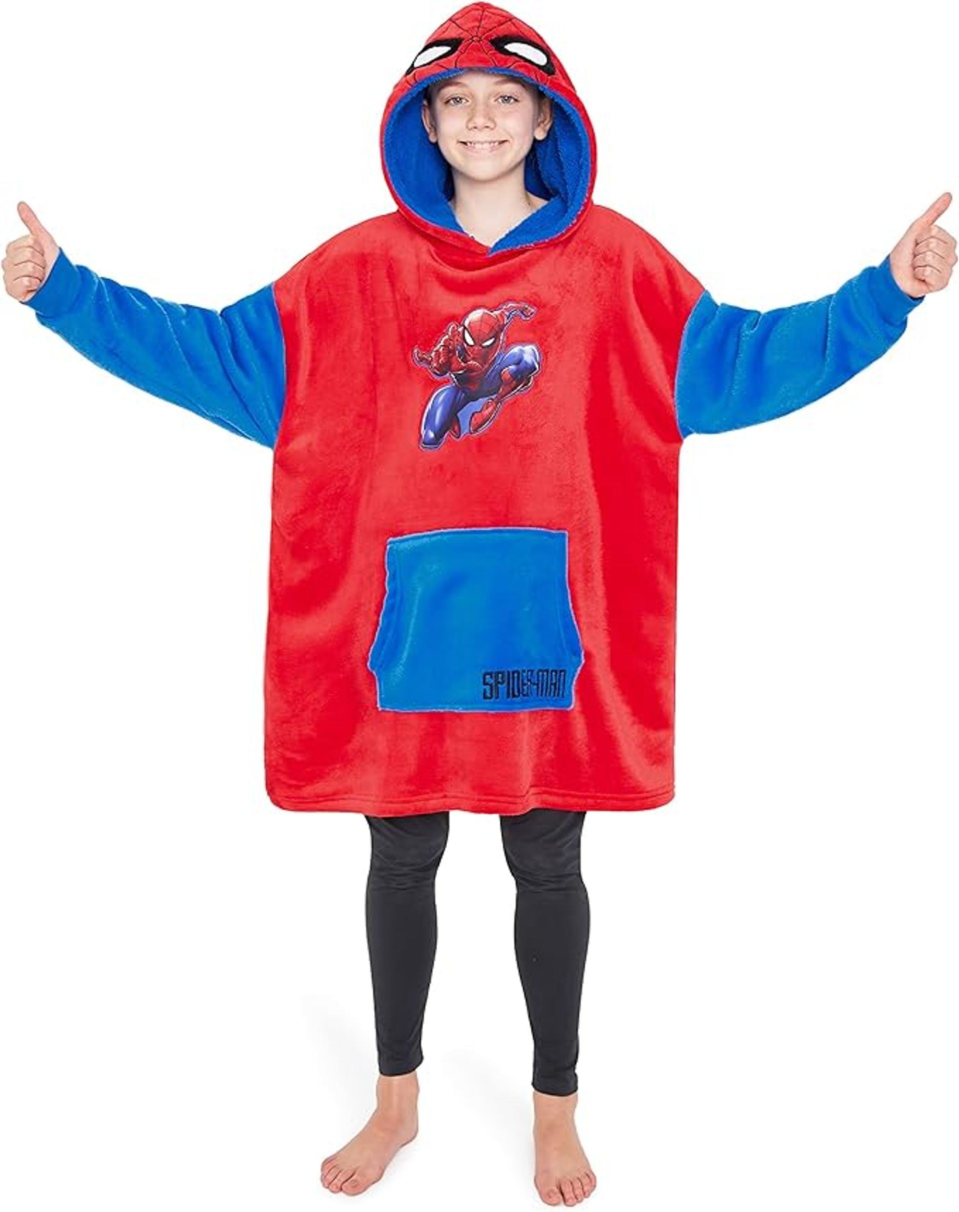 Marvel Spiderman Oversized Blanket Hoodie for Kids and Teens with Hood, Cuffed Sleeves and Kangaroo Pocket - Red/Blue One Size