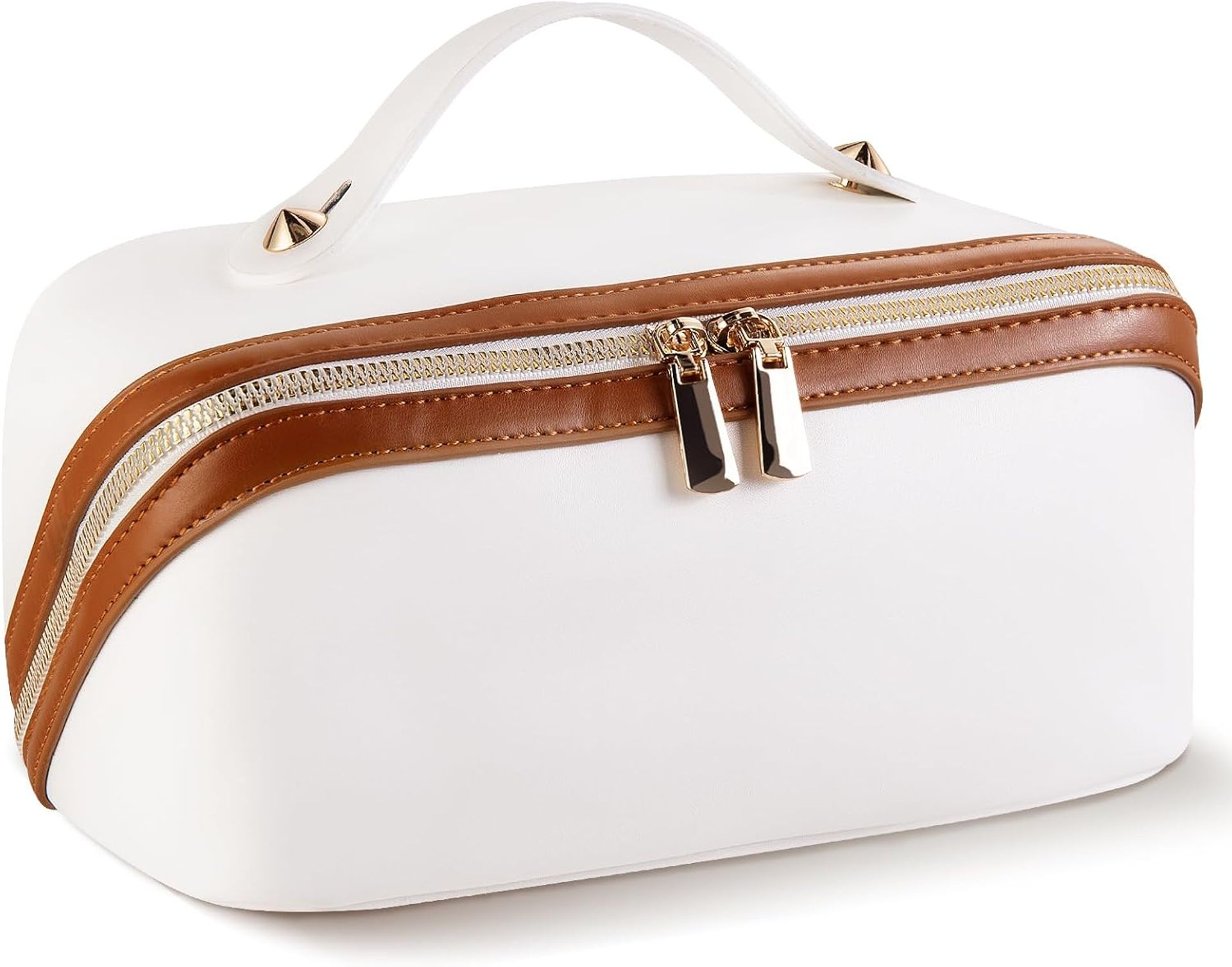 Large Capacity Travel Makeup Bag with Compartments, Waterproof PU, Portable Cosmetic Organiser for Women & Girls - White