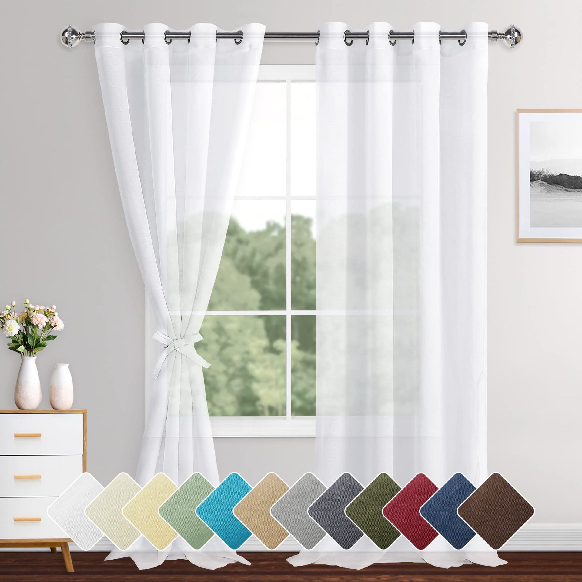 XWZO Sheer Curtains 2 Panels Linen Look Voile Curtains Semi Transparent Grommet Tieback Window Curtains for Bedroom,Light Filtering,Airy & Breathable Voile Drapes,White,W55*L95