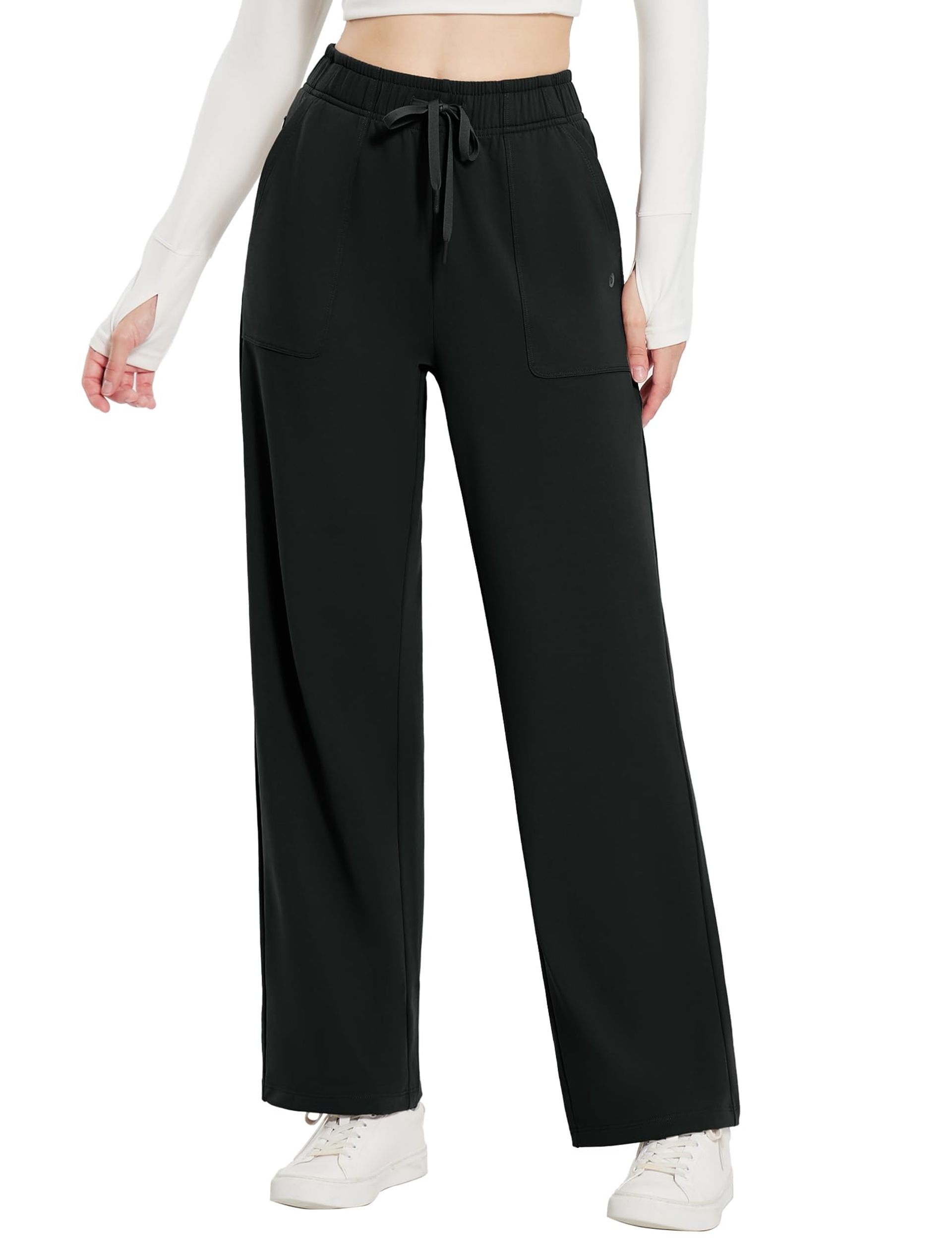 Women's Fleece Lined Wide Leg Joggers Straight Leg Yoga Trousers with Tummy Control and Pockets - Black S