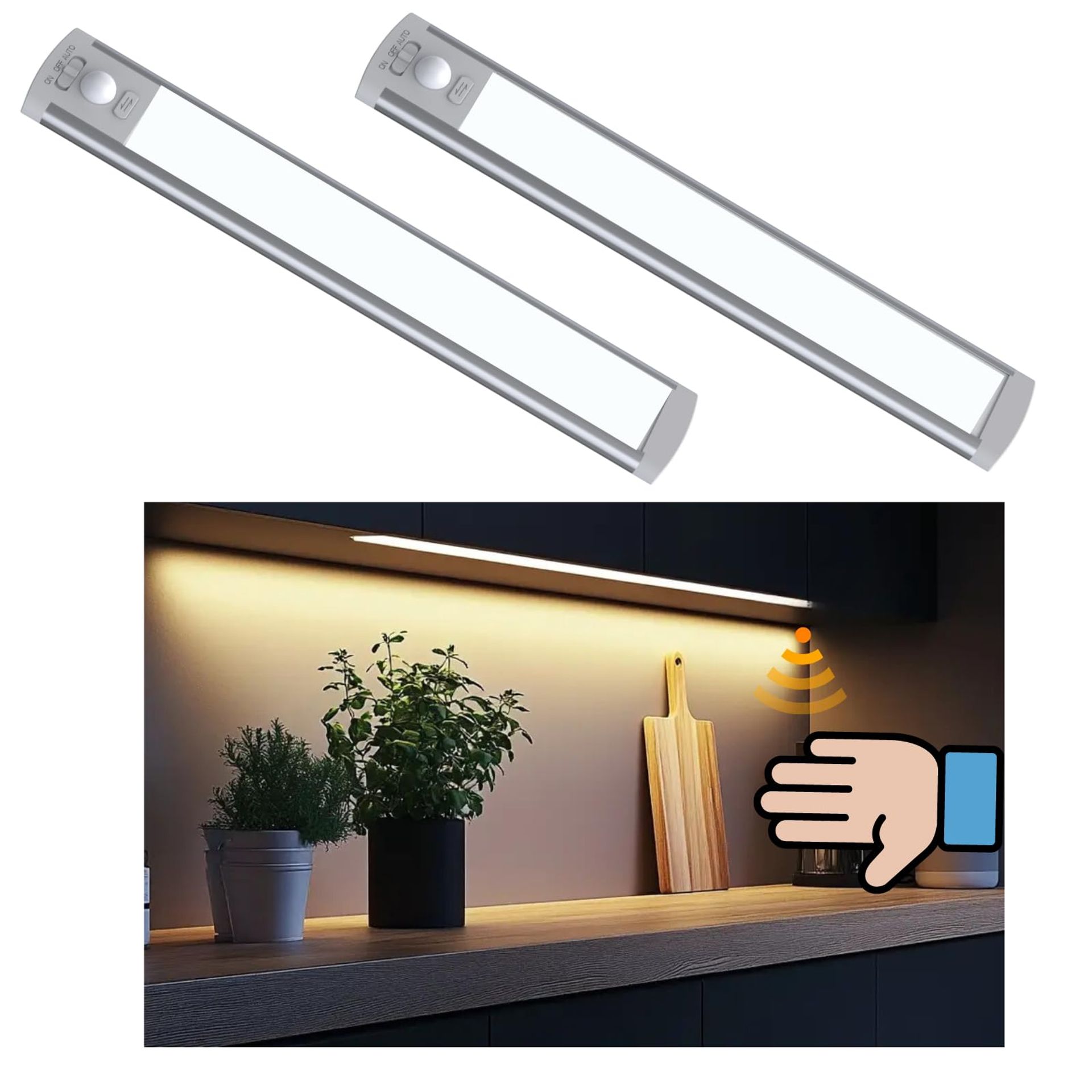 zunkfulu LED Motion Sensor Under-Cabinet Lights Indoor, Wireless USB Rechargeable Night Lights. Magnetic Dimmable Under Counter Closet Lights for Kitchen, Wardrobe, Garage, Stairs, Bedroom(2 Packs)