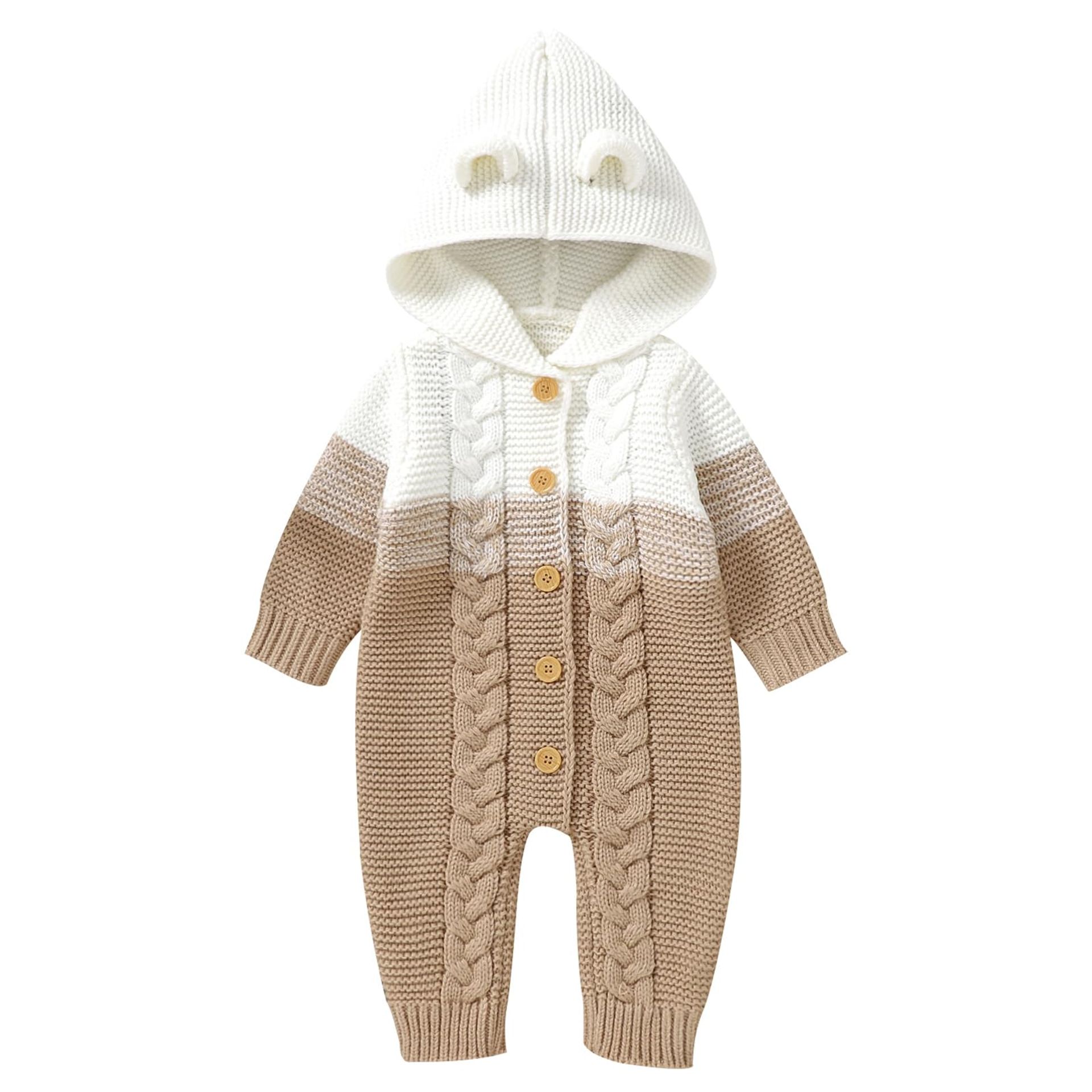 Baby Knitted Hooded Romper with Bear Ears – Warm Winter Jumpsuit Onesie for Boys & Girls 6-9 Months - Khaki