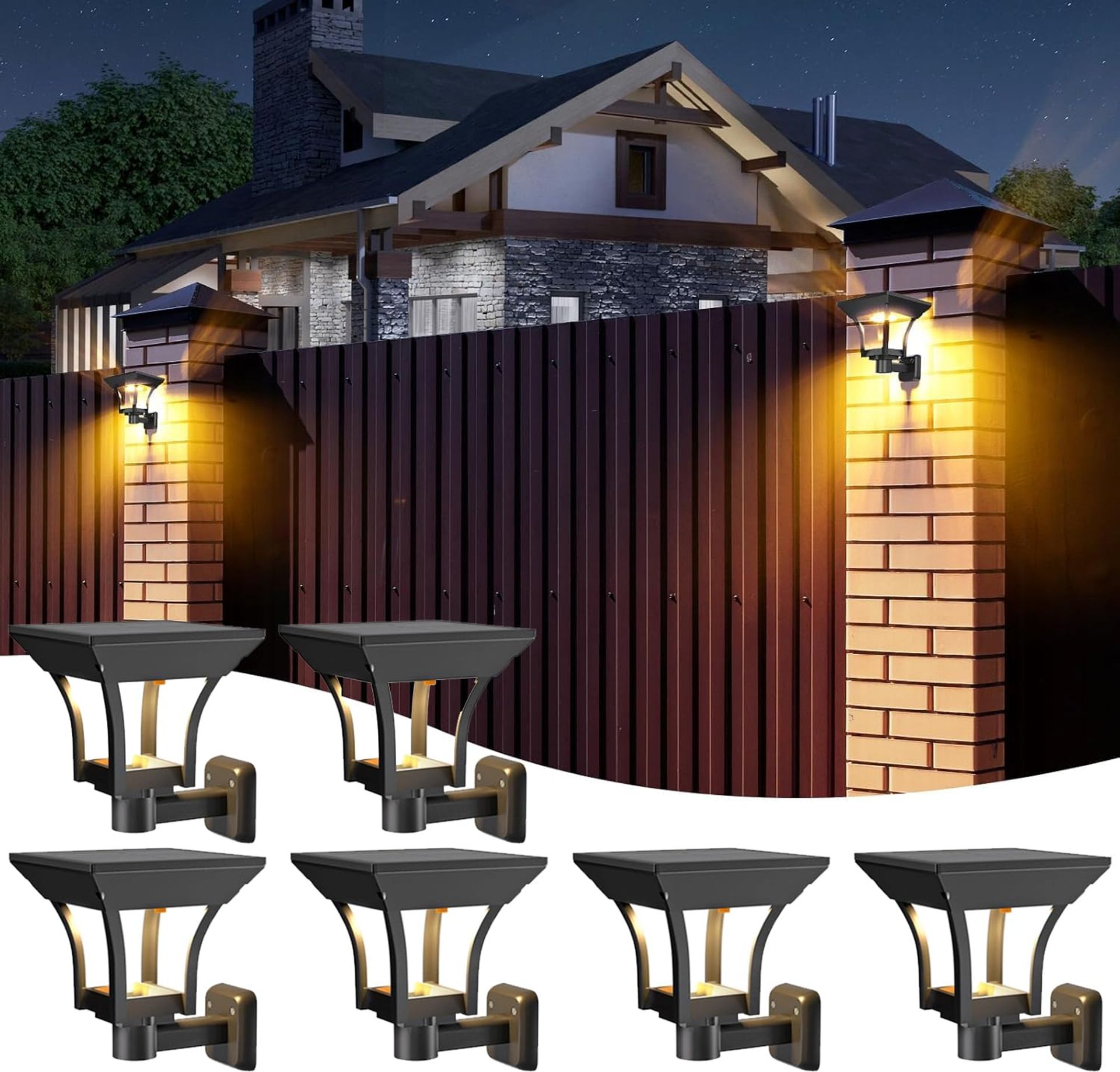 Solar Wall Lights Outdoor 6 Pack with 4 Lighting Modes Waterproof Dusk to Dawn LED Fence Patio Garden Lamps - Black 6pcs