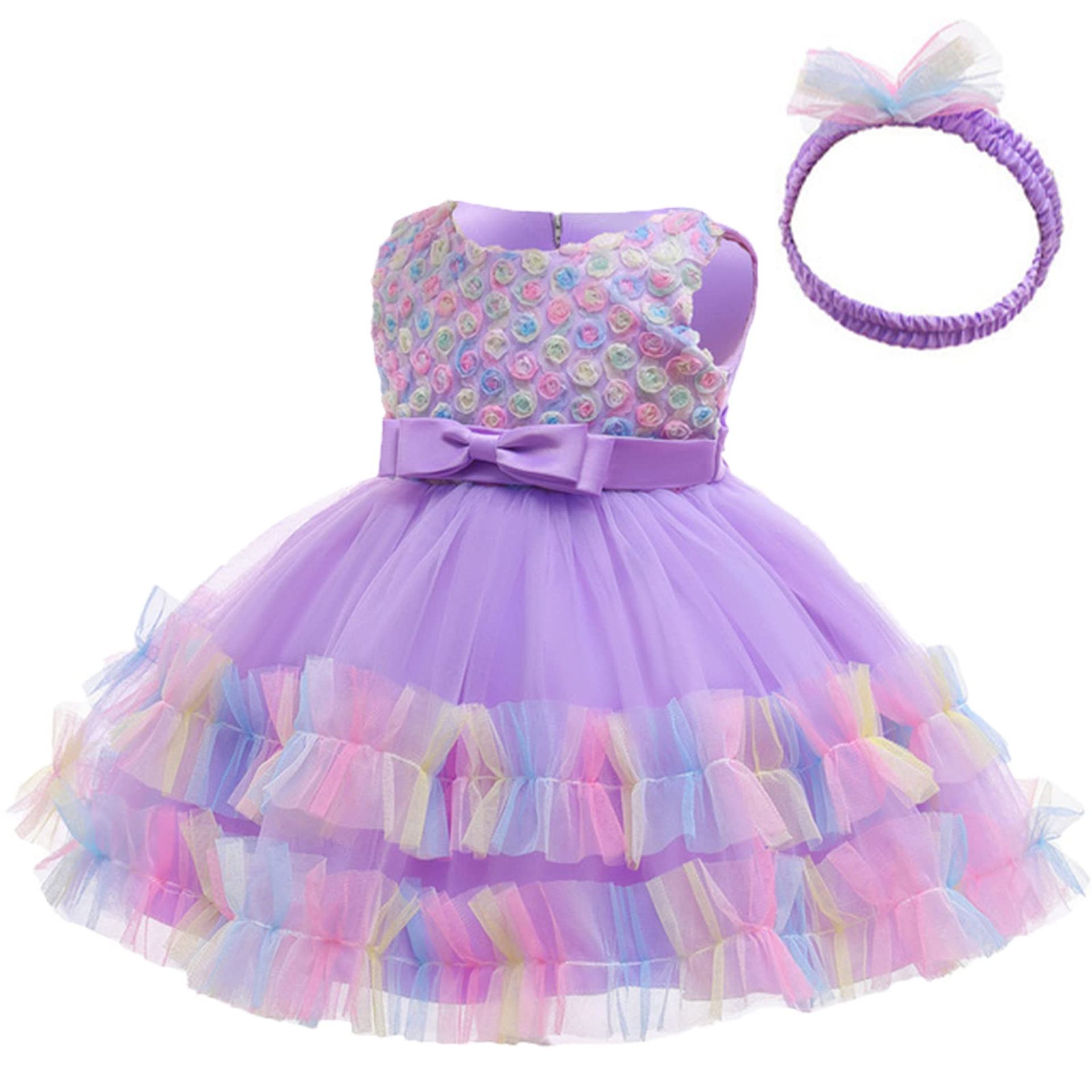 Adorable Baby Toddler Girls Princess Dress Lace Tutu Party Gown with Headwear, Purple, 12-18 Months