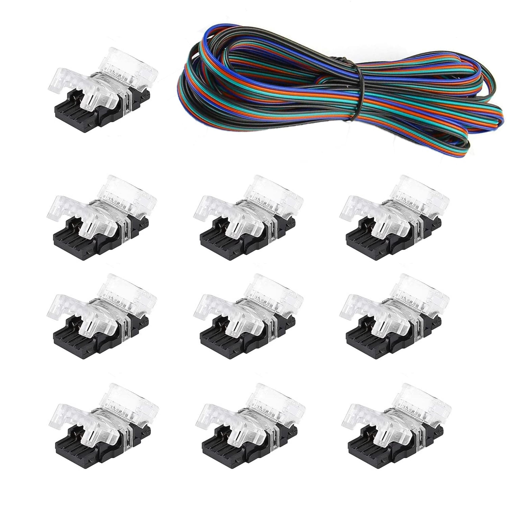 4 Pin LED Connectors 10mm Solderless Strip to Wire Adapters with 2m Extension for RGB LED Lights - 10 Pack
